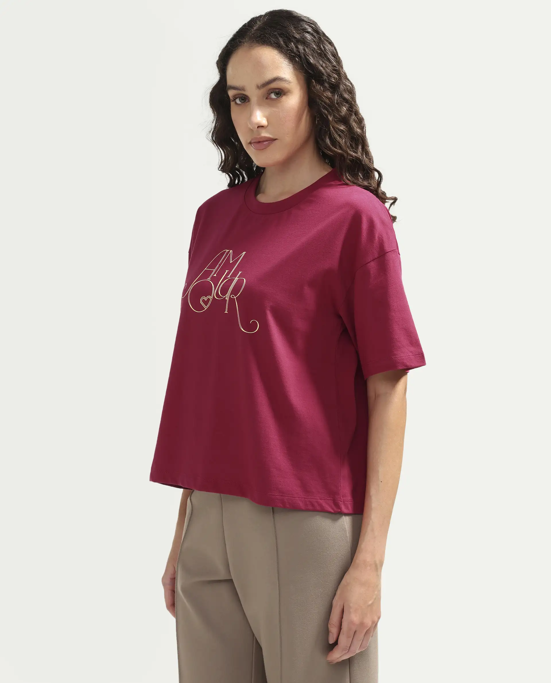 Rareism Women's Zamor Dark Pink Cotton Crew Neck Pull-On Boxy Typography Print T-Shirt - Image 5