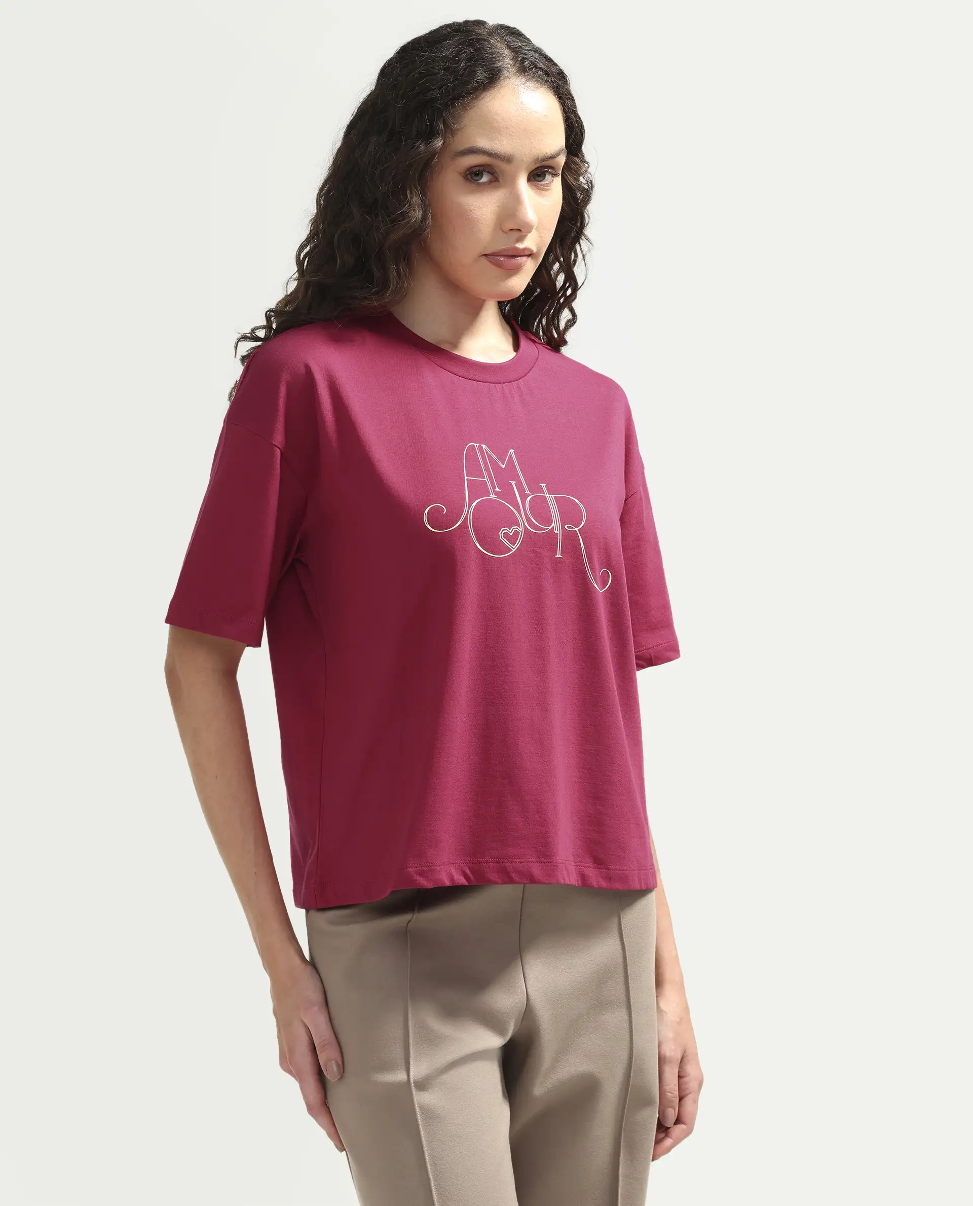 Rareism Women's Zamor Dark Pink Cotton Crew Neck Pull-On Boxy Typography Print T-Shirt - Image 6