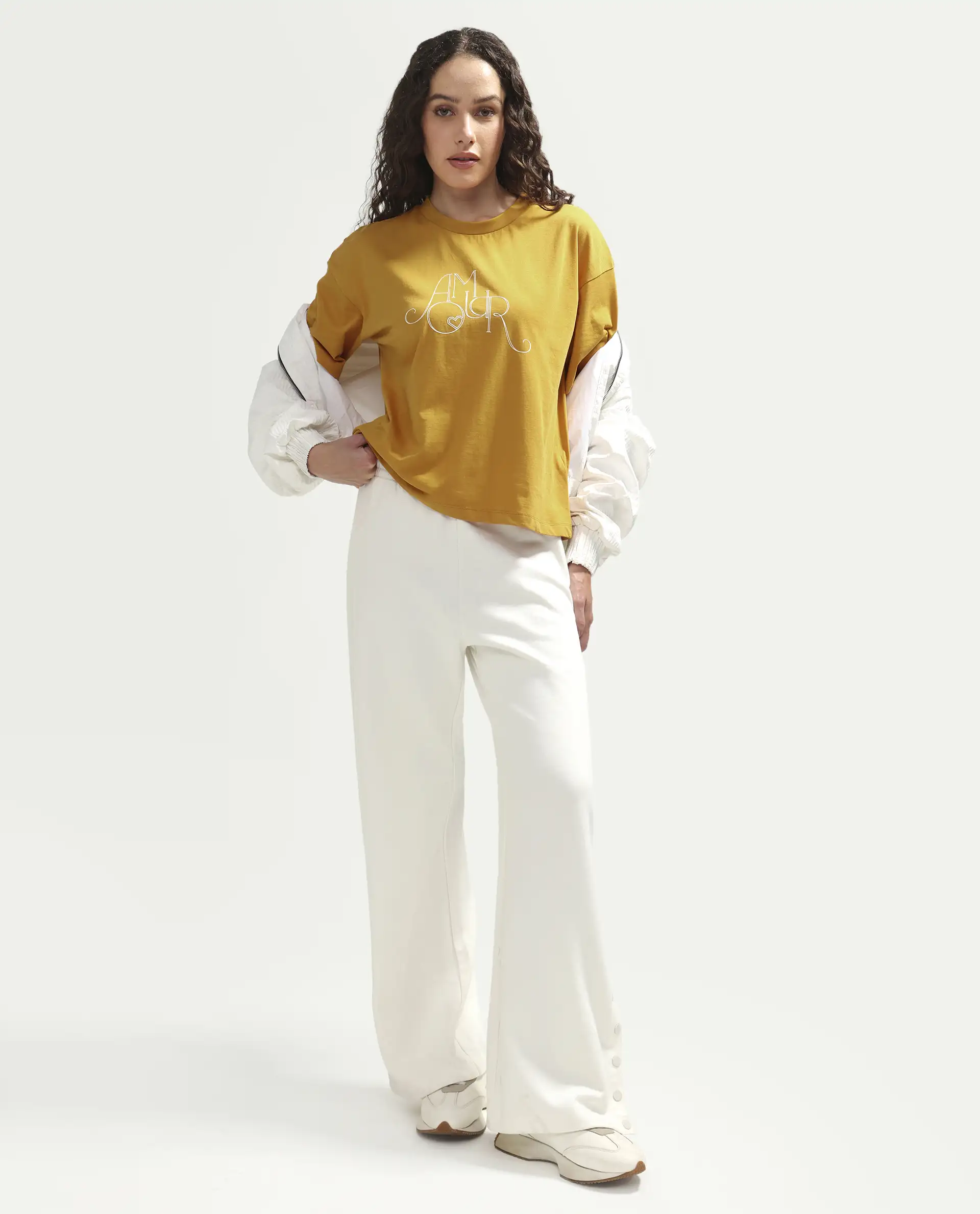 Rareism Women's Zamor Mustard Cotton Crew Neck Pull-On Boxy Typography Print T-Shirt - Image 2
