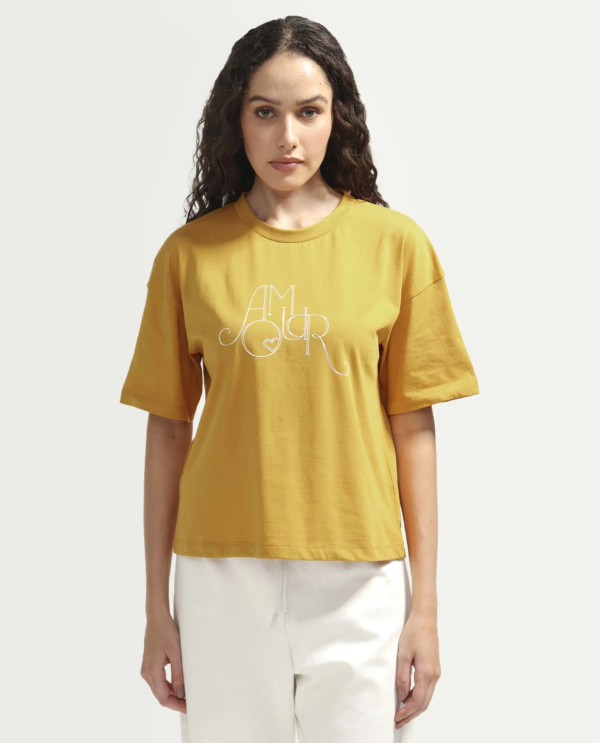 Rareism Women's Zamor Mustard Cotton Crew Neck Pull-On Boxy Typography Print T-Shirt - Image 3