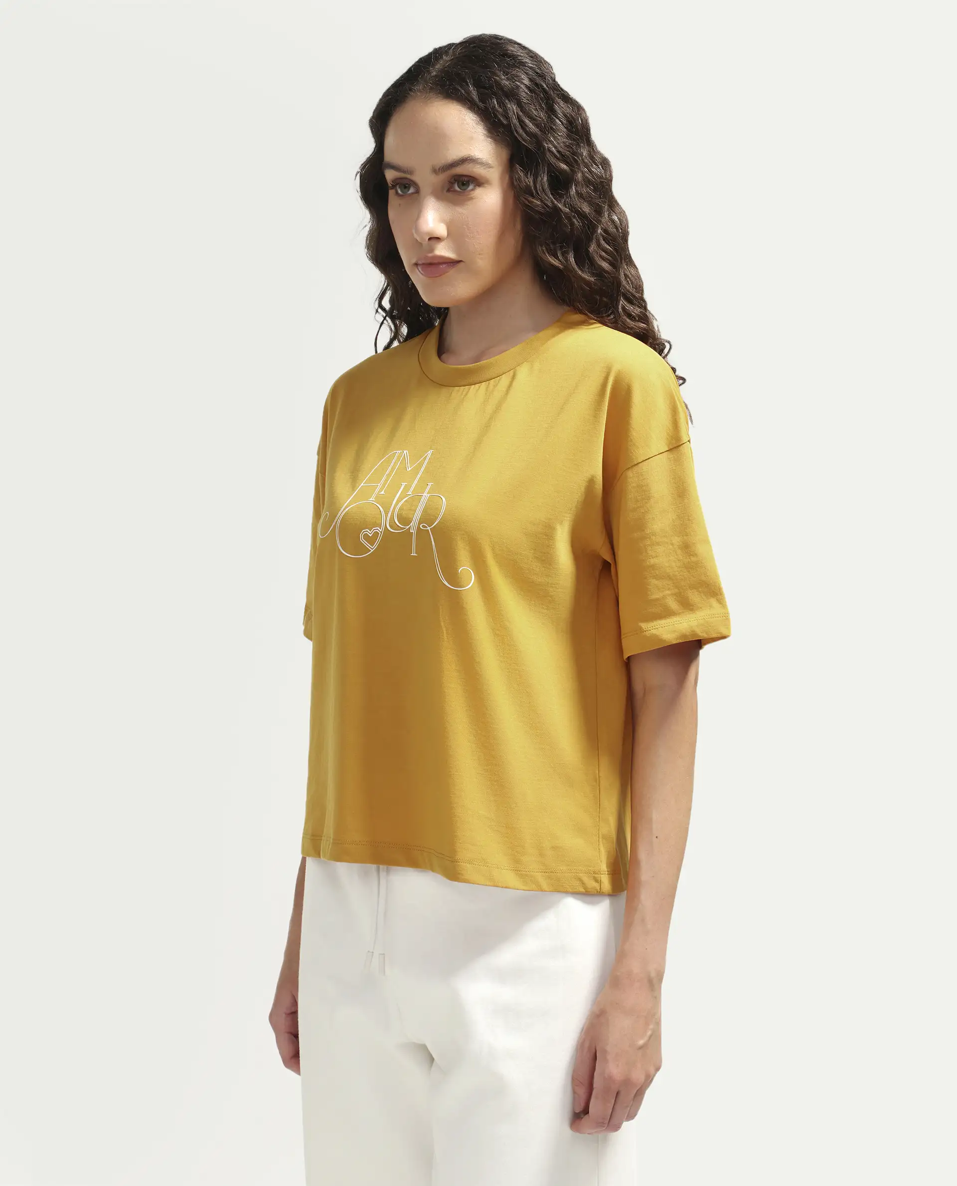 Rareism Women's Zamor Mustard Cotton Crew Neck Pull-On Boxy Typography Print T-Shirt - Image 4