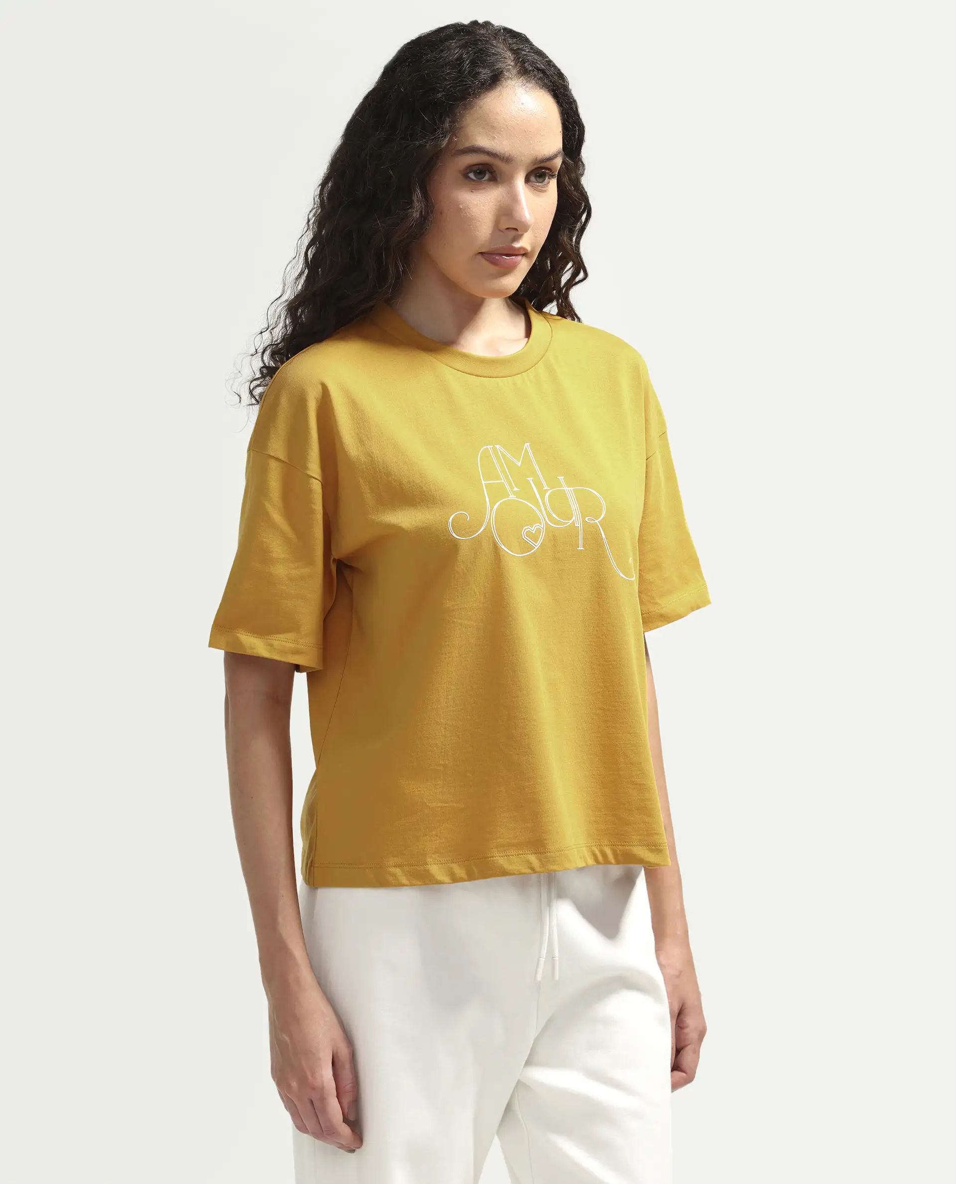 Rareism Women's Zamor Mustard Cotton Crew Neck Pull-On Boxy Typography Print T-Shirt - Image 5