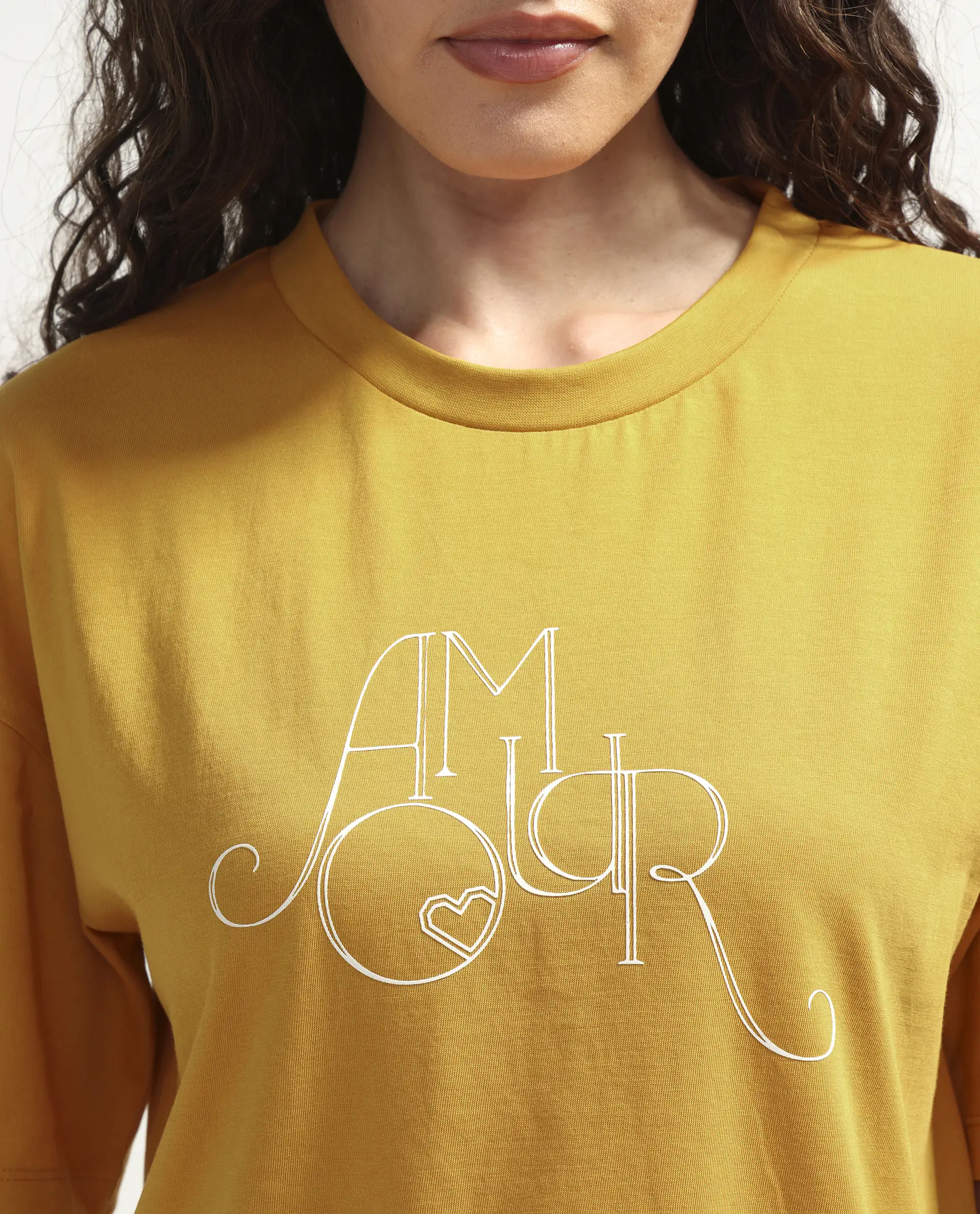 Rareism Women's Zamor Mustard Cotton Crew Neck Pull-On Boxy Typography Print T-Shirt - Image 6