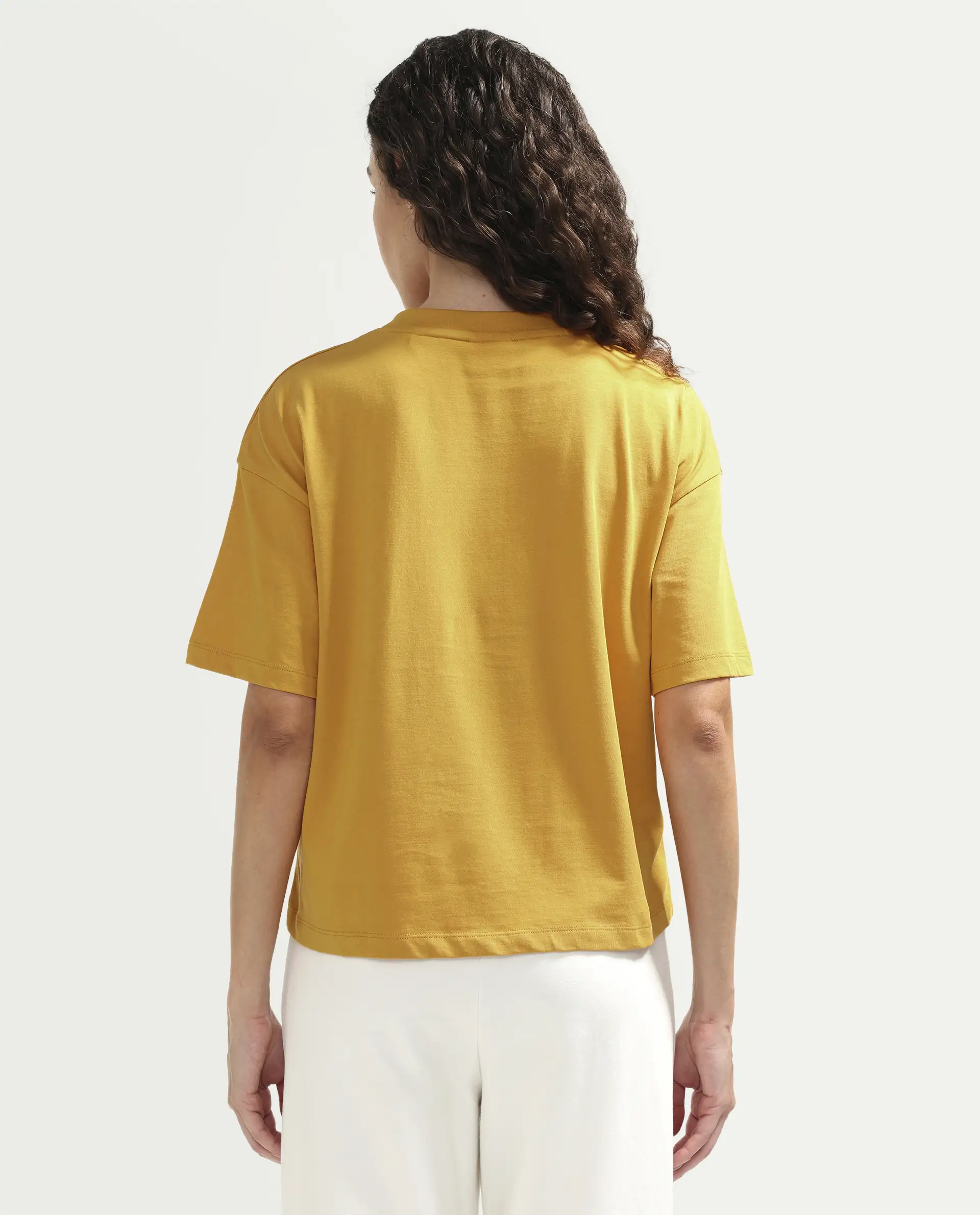 Rareism Women's Zamor Mustard Cotton Crew Neck Pull-On Boxy Typography Print T-Shirt - Image 7
