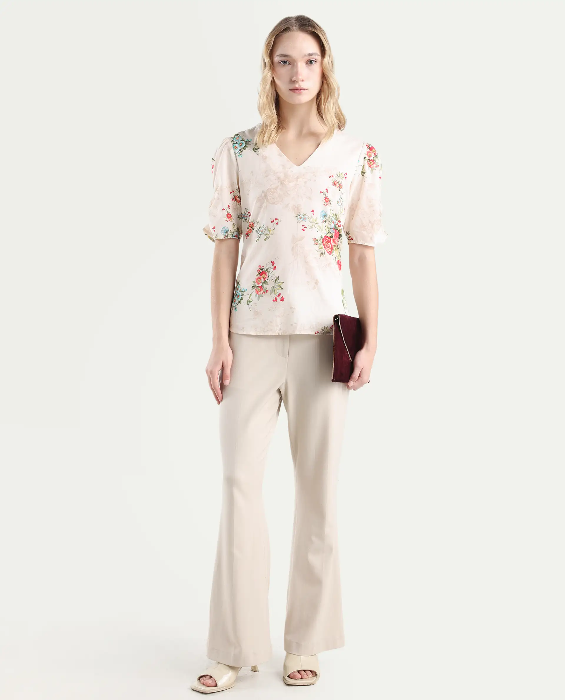 Rareism Women's Zamora Multi Cotton V-Neck Floral Print Bell Sleeve Crop Regular Fit Top - Image 2