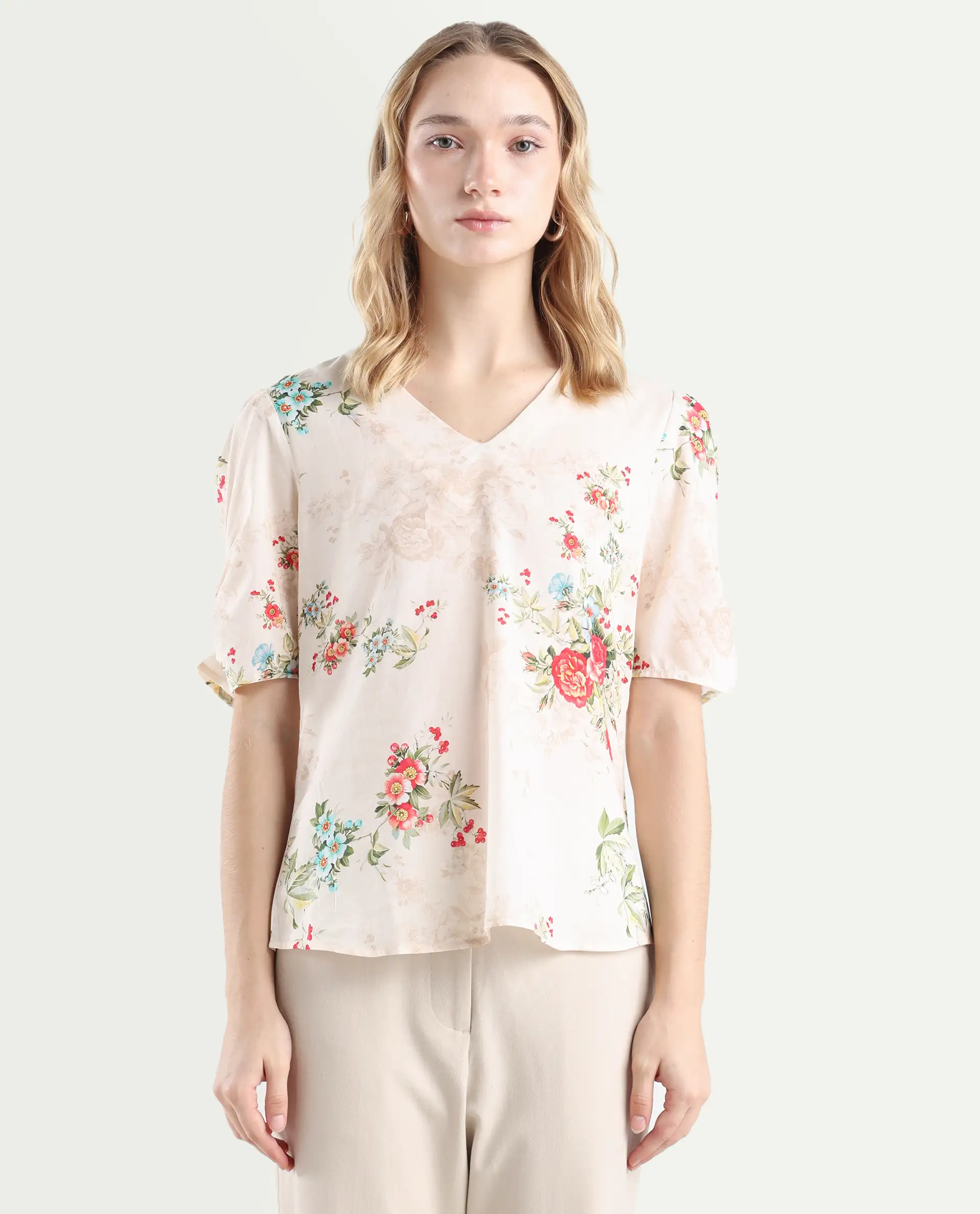 Rareism Women's Zamora Multi Cotton V-Neck Floral Print Bell Sleeve Crop Regular Fit Top - Image 3
