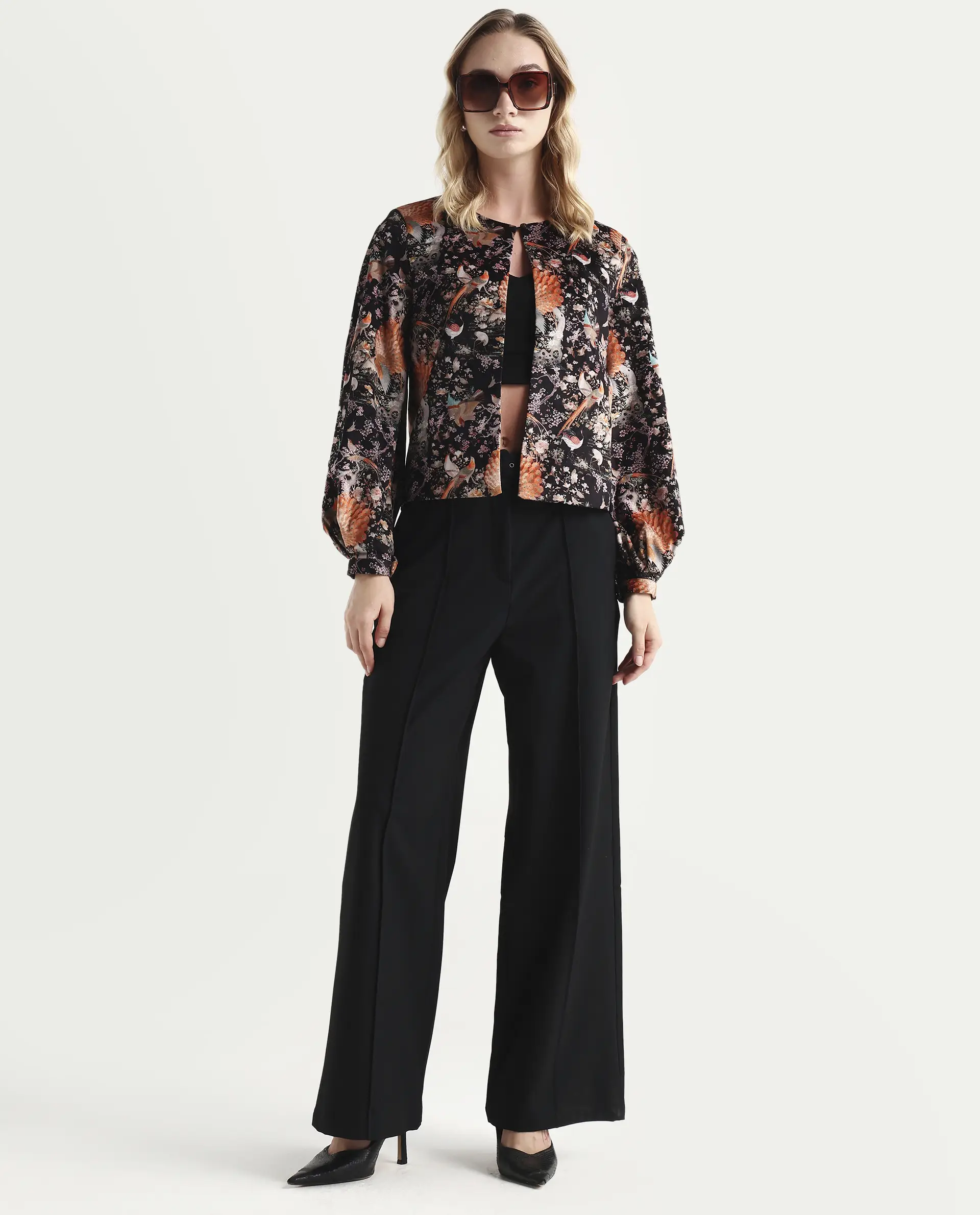 Rareism Women's Zamp Black Velvet Collarless Floral Print Volume Sleeve Regular Fit Shrug - Image 2