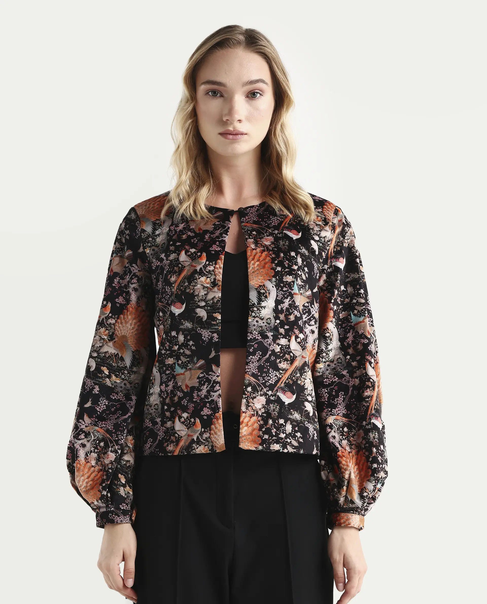 Rareism Women's Zamp Black Velvet Collarless Floral Print Volume Sleeve Regular Fit Shrug - Image 3