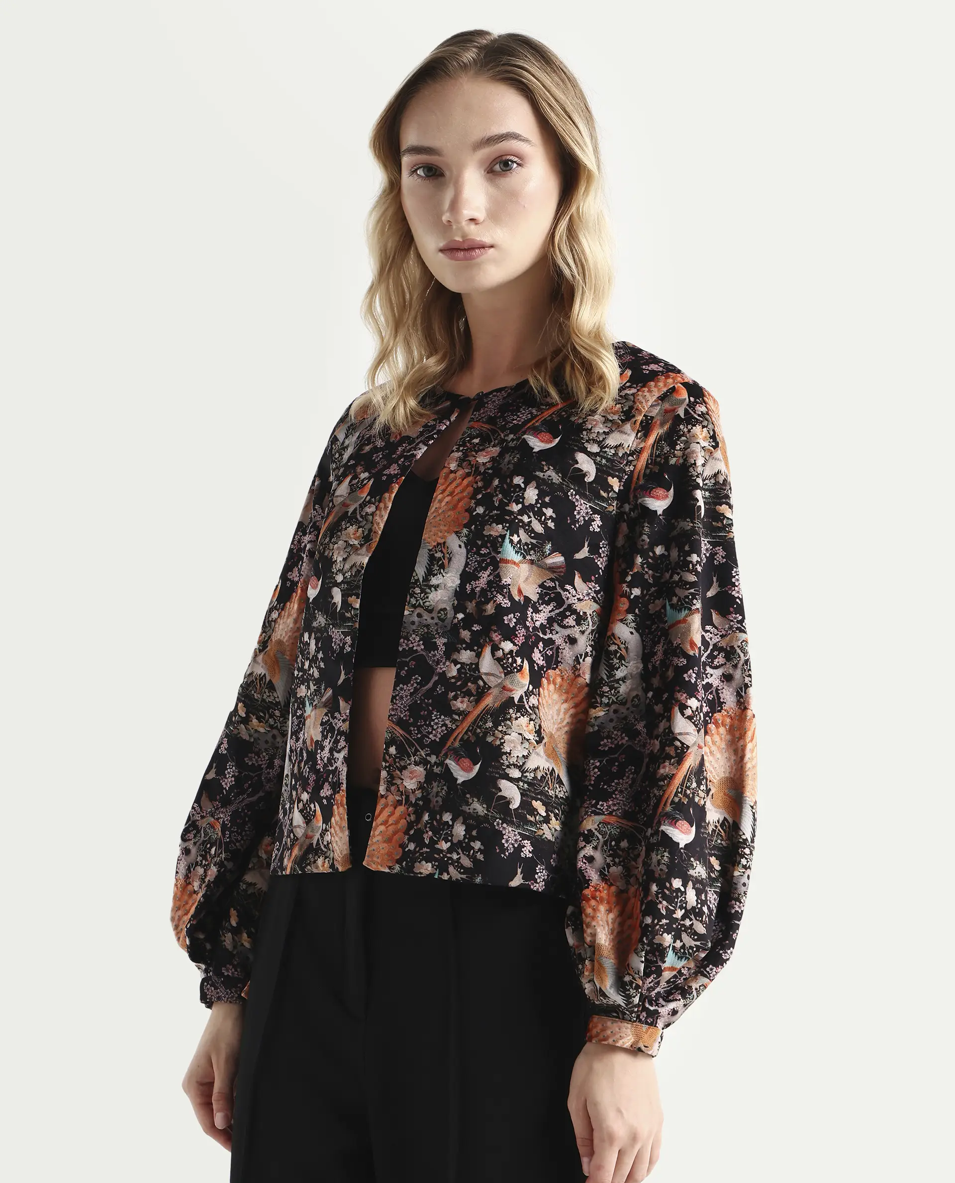 Rareism Women's Zamp Black Velvet Collarless Floral Print Volume Sleeve Regular Fit Shrug - Image 5