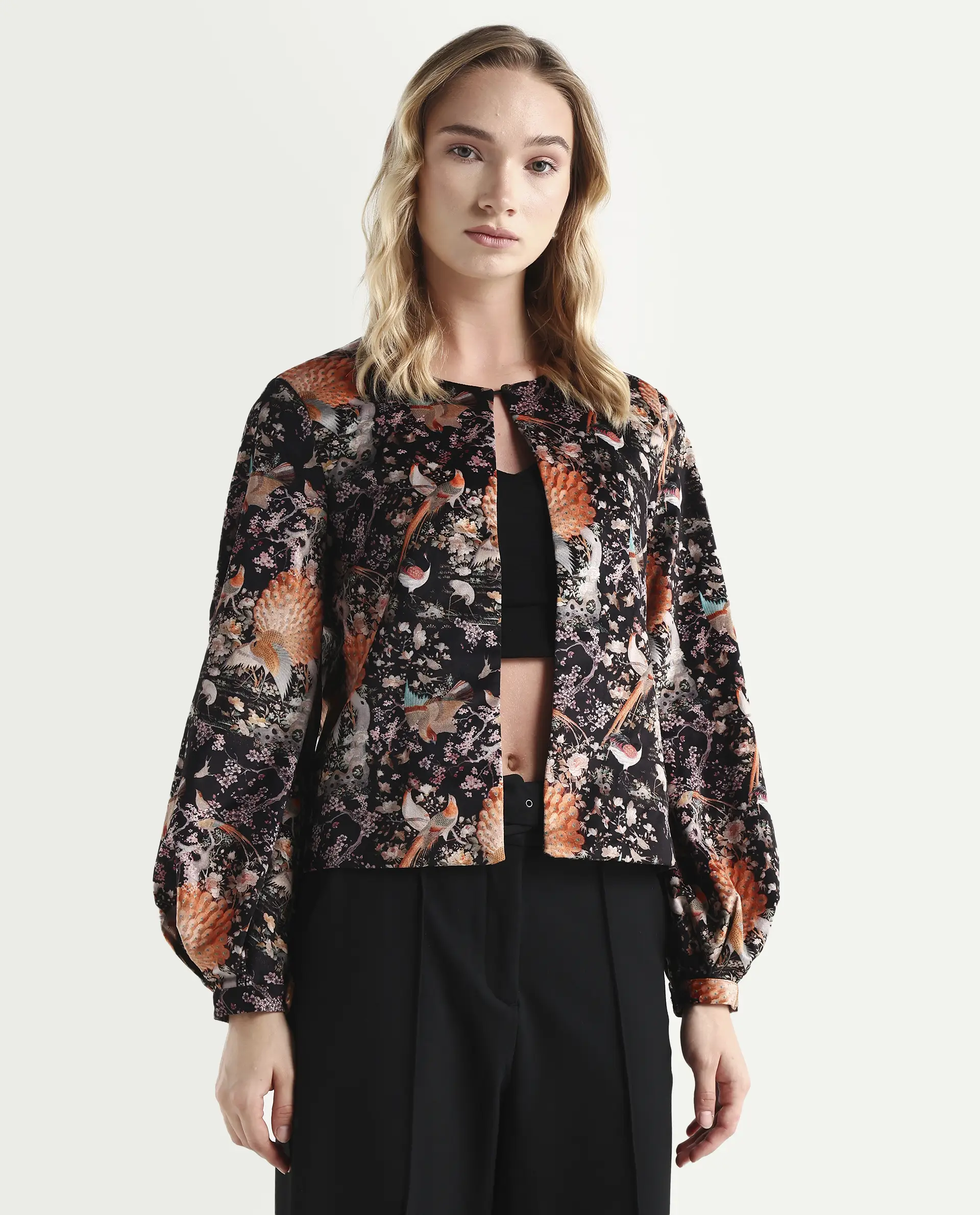 Rareism Women's Zamp Black Velvet Collarless Floral Print Volume Sleeve Regular Fit Shrug - Image 6