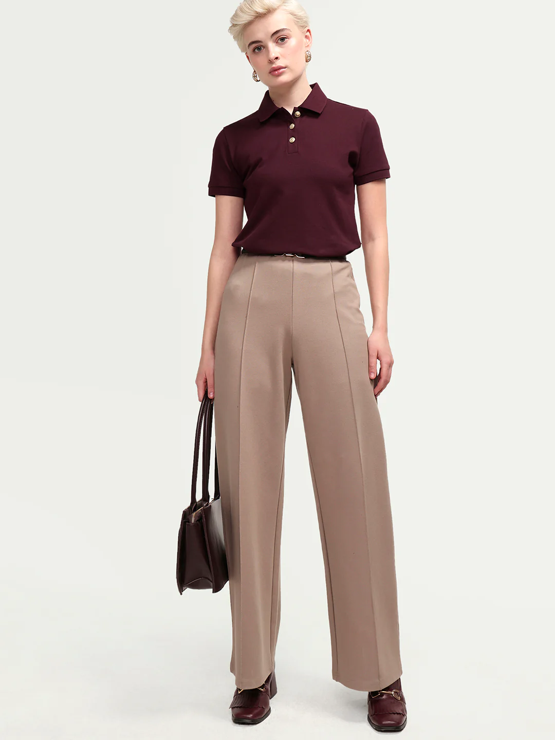 Rareism Women's Zana Dark Maroon Cotton Blend Half Sleeve Regular Fit Plain Polo - Image 2