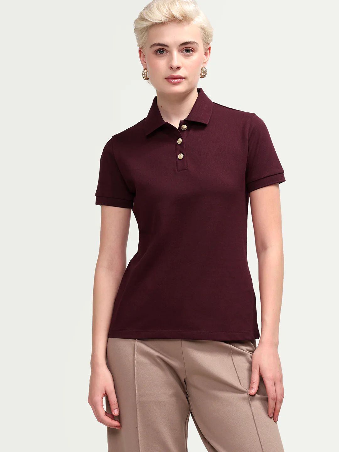 Rareism Women's Zana Dark Maroon Cotton Blend Half Sleeve Regular Fit Plain Polo - Image 3