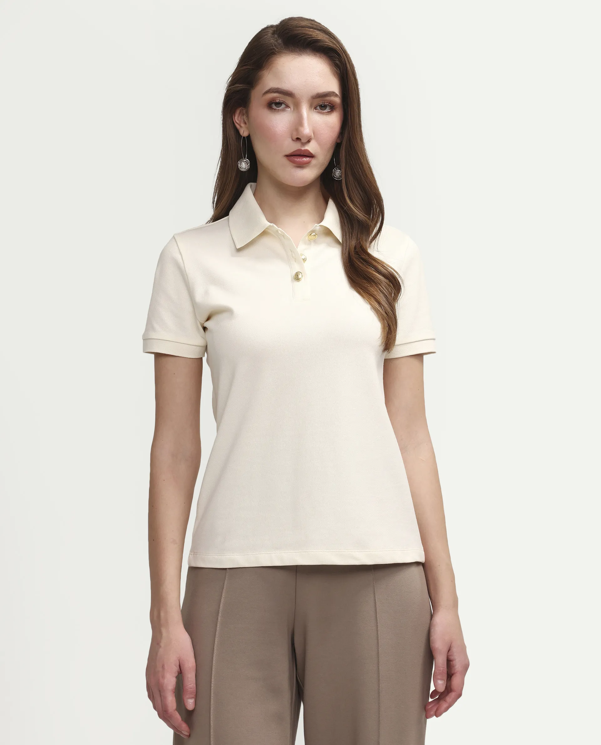 Rareism Women's Zana Off White Cotton Blend Half Sleeve Regular Fit Plain Polo - Image 3