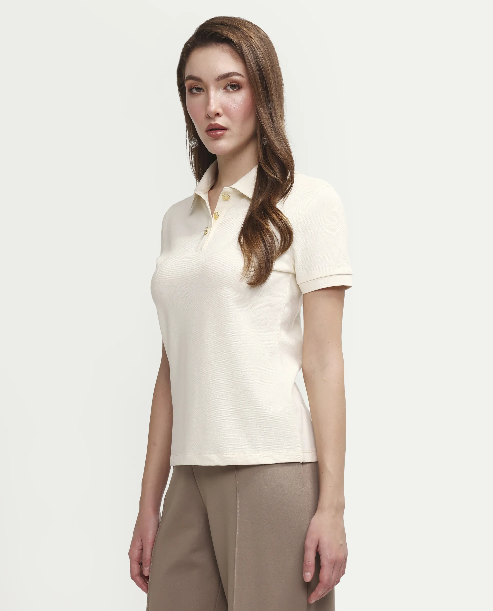 Rareism Women's Zana Off White Cotton Blend Half Sleeve Regular Fit Plain Polo - Image 5