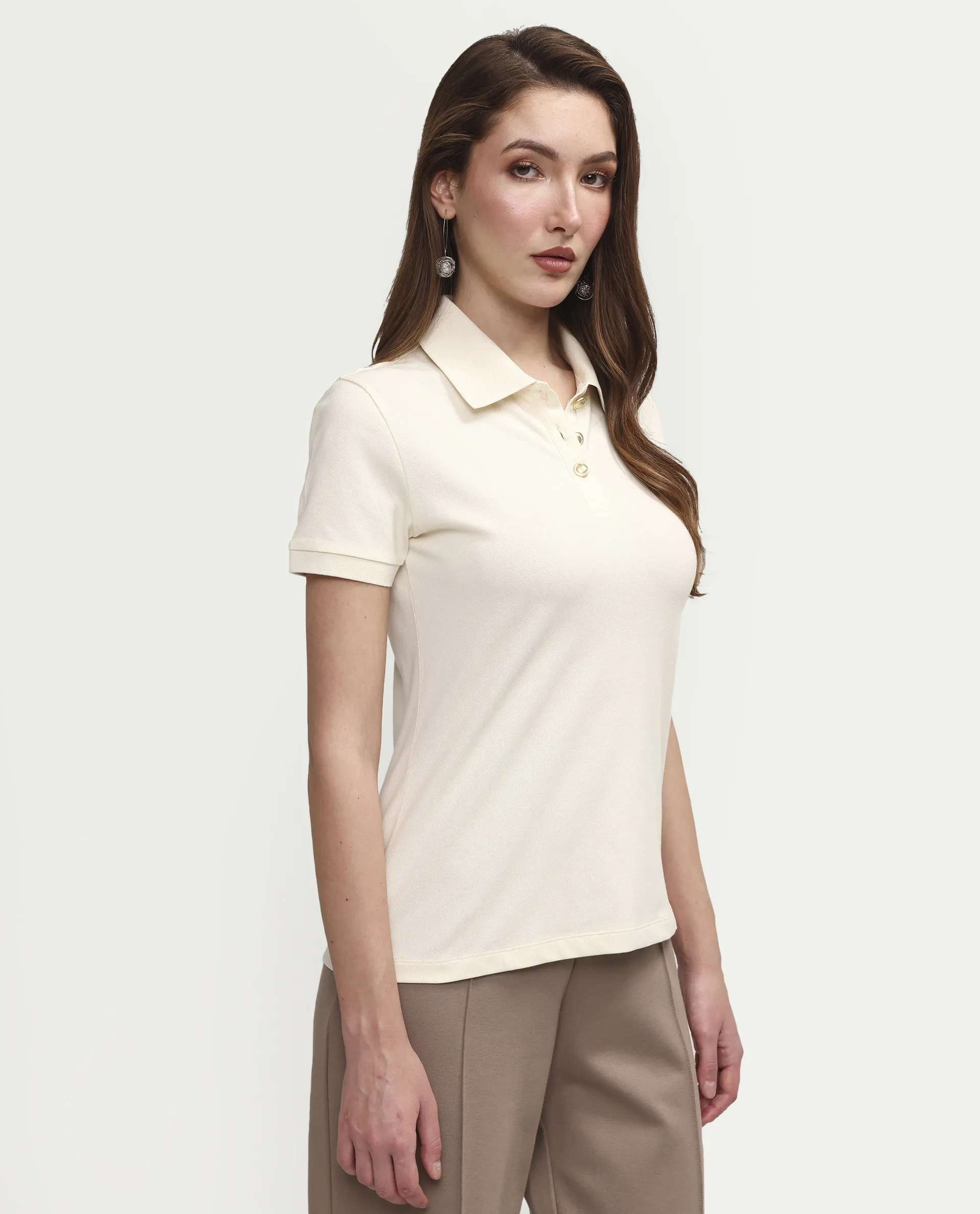 Rareism Women's Zana Off White Cotton Blend Half Sleeve Regular Fit Plain Polo - Image 6