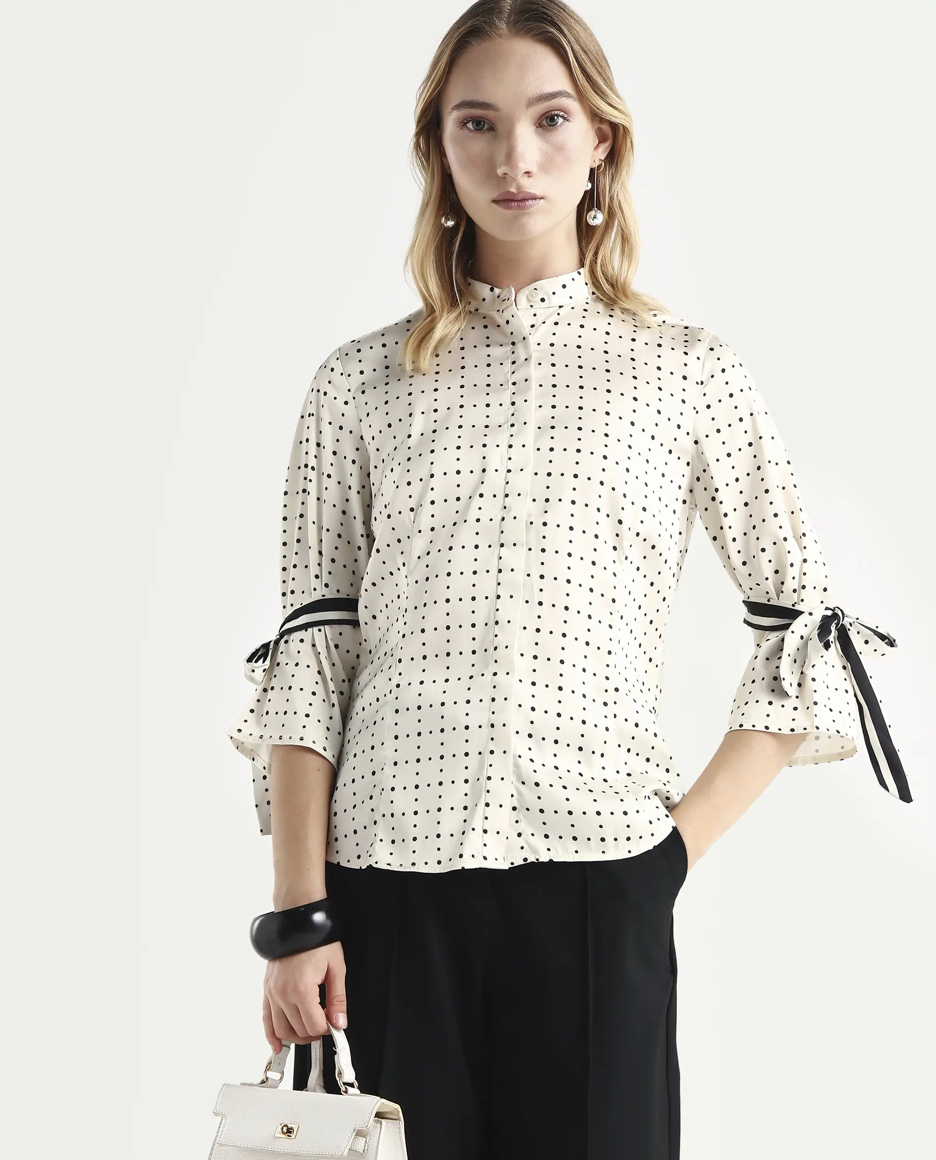 Rareism Women's Zanax Beige Polyester Mandarin Collar Polka Print Regular Fit Top - Image 3