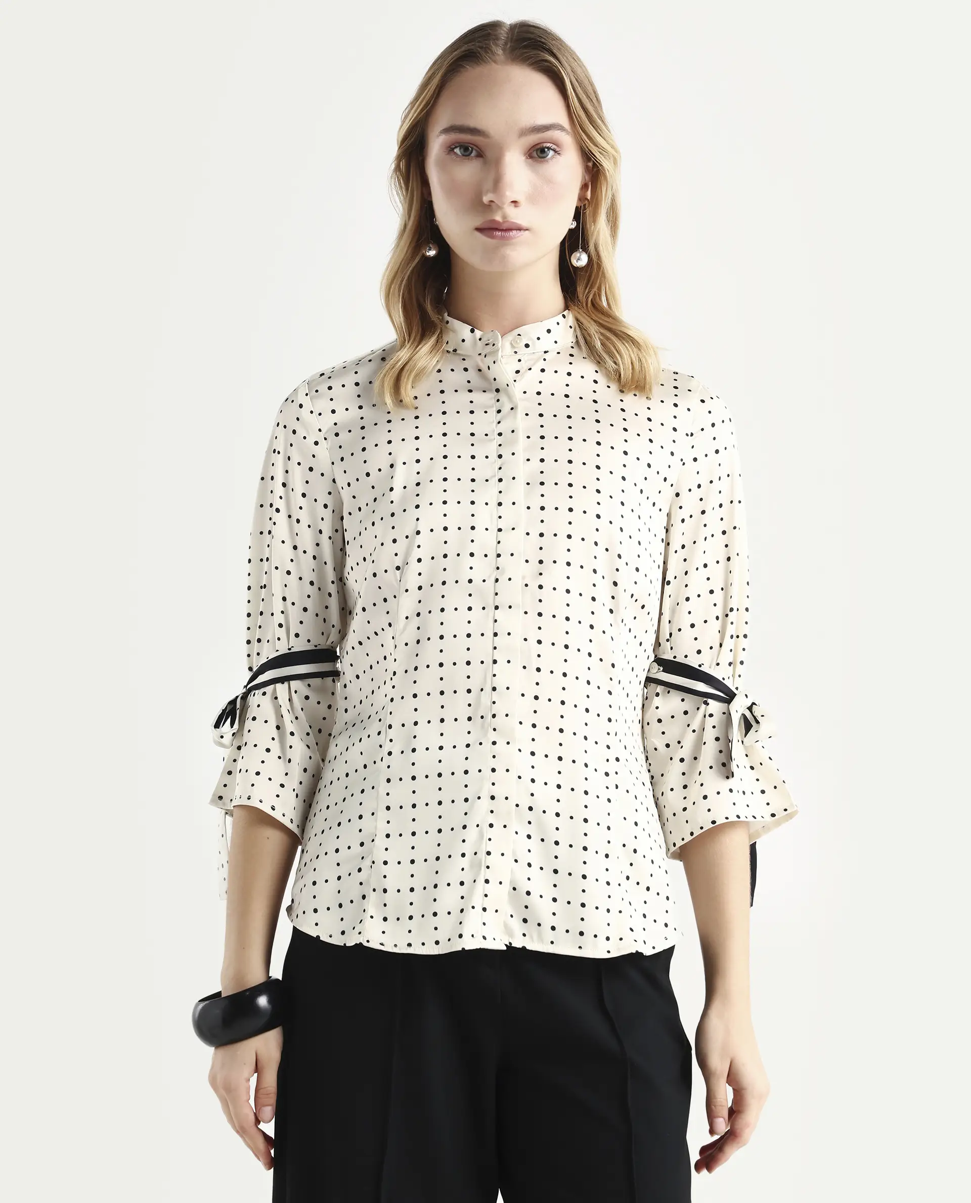 Rareism Women's Zanax Beige Polyester Mandarin Collar Polka Print Regular Fit Top - Image 4