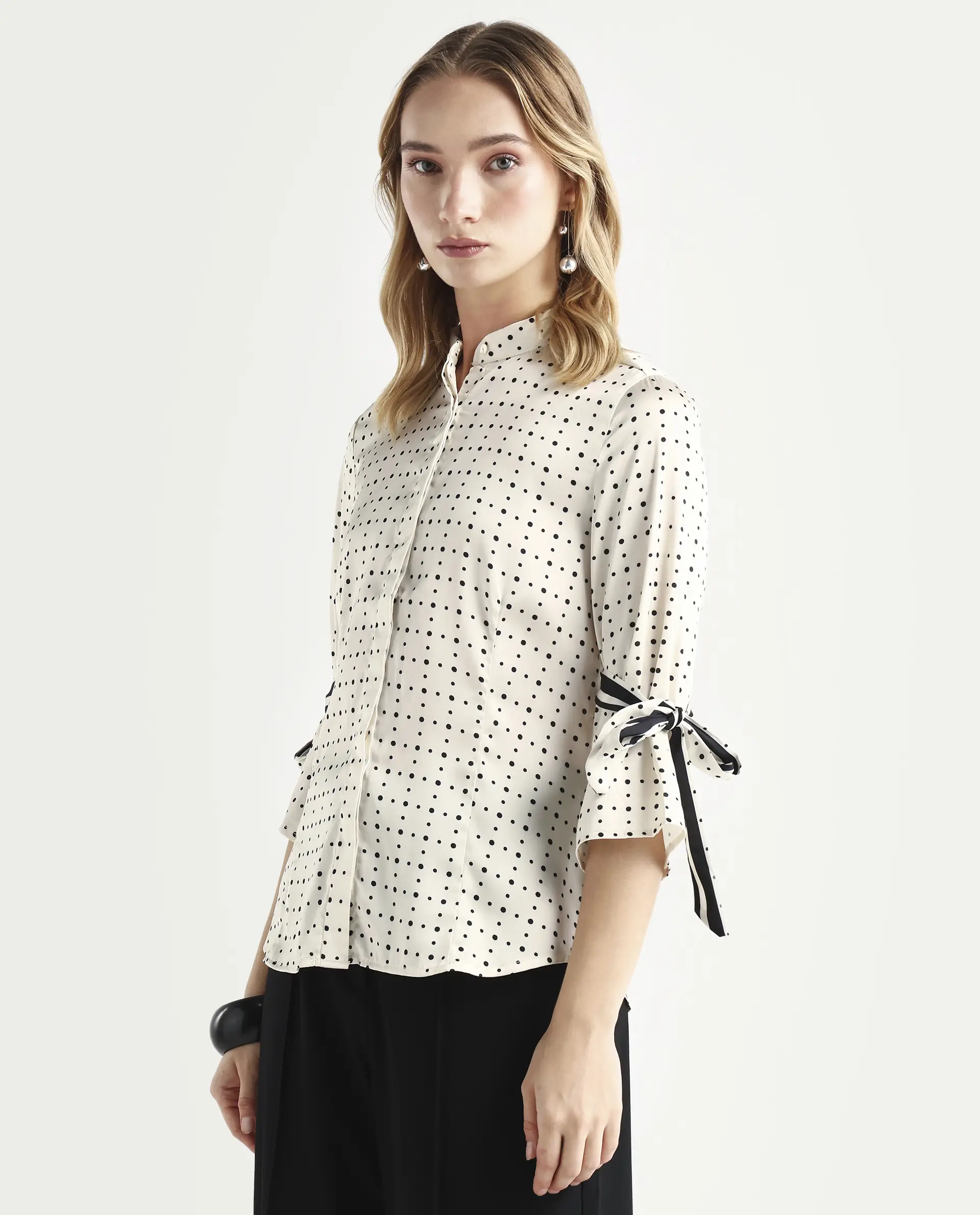 Rareism Women's Zanax Beige Polyester Mandarin Collar Polka Print Regular Fit Top - Image 5