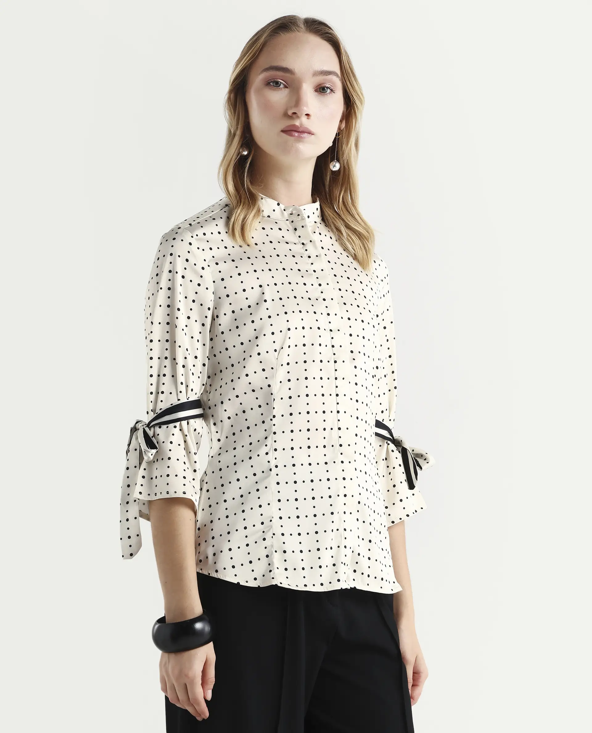 Rareism Women's Zanax Beige Polyester Mandarin Collar Polka Print Regular Fit Top - Image 6