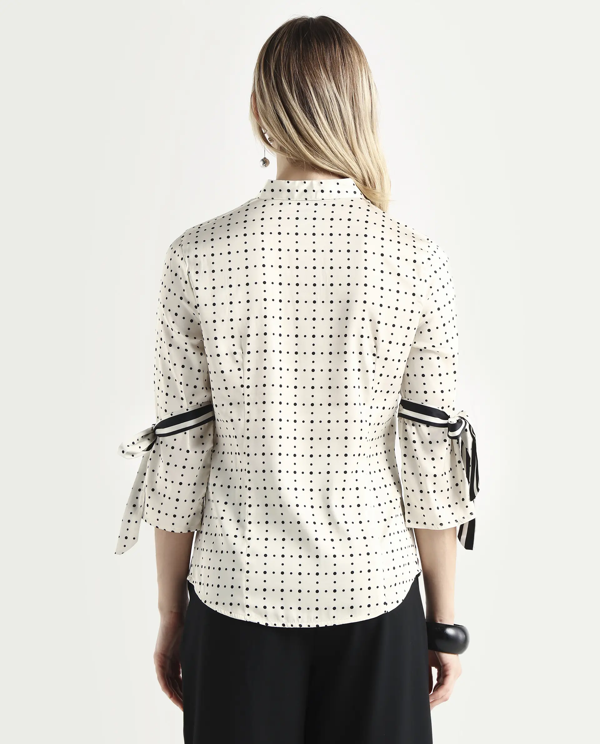 Rareism Women's Zanax Beige Polyester Mandarin Collar Polka Print Regular Fit Top - Image 7