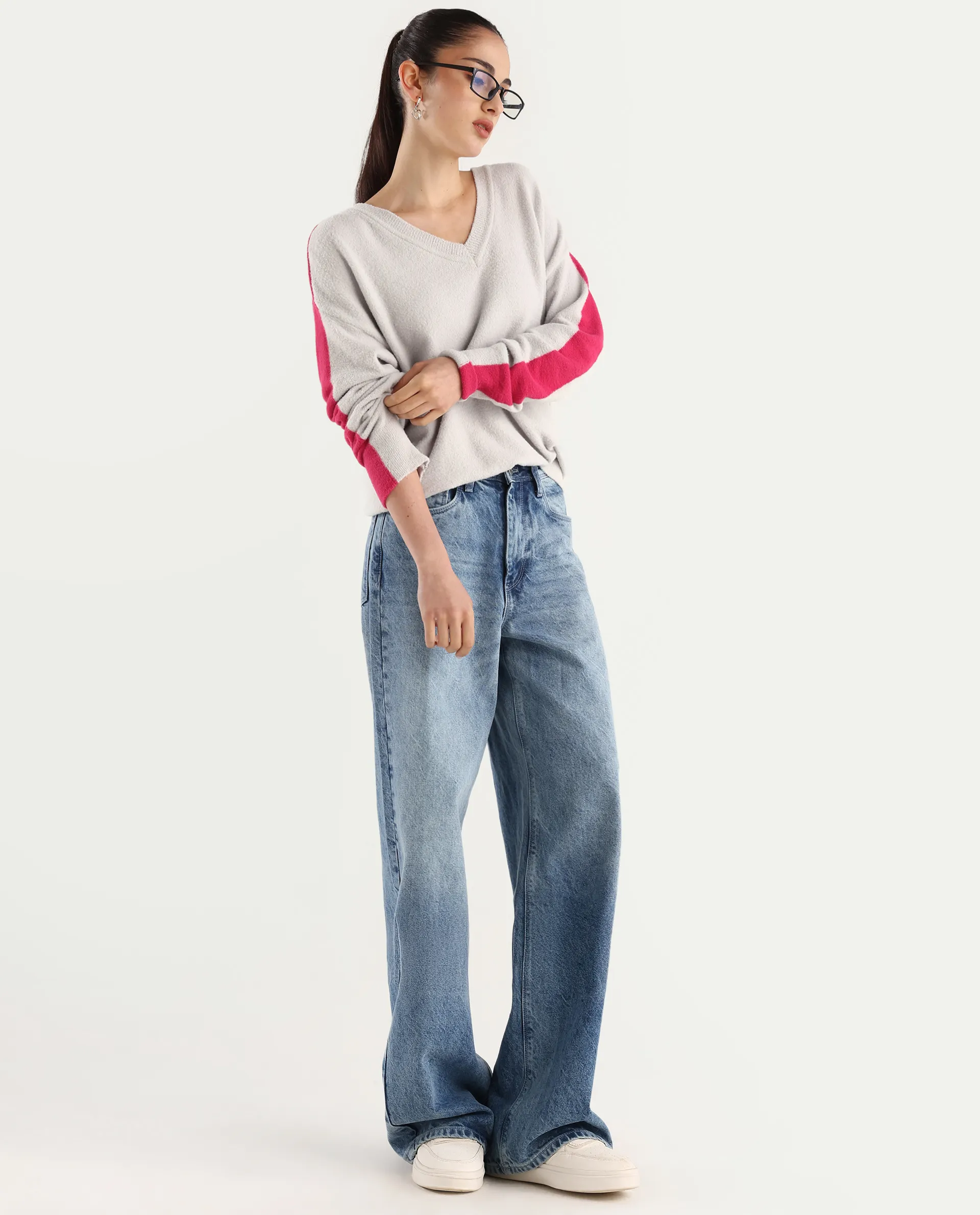 Rareism Women's Zander Light Grey Nylon V-Neck Relaxed Fit Plain Sweater - Image 2