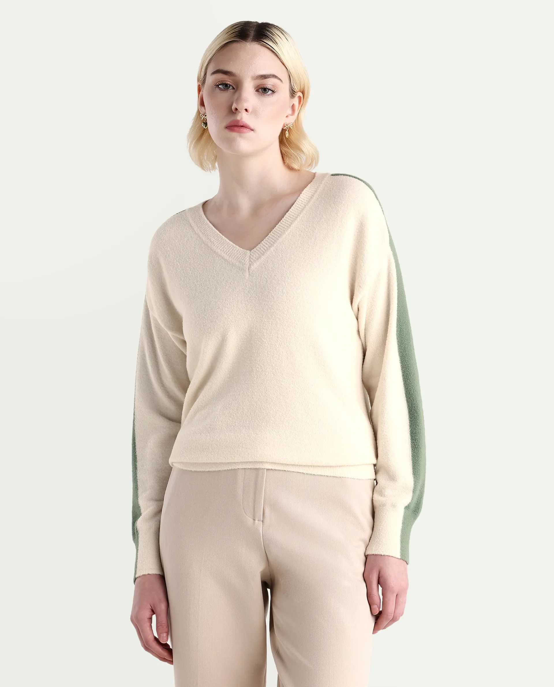 Rareism Women's Zander Off White Nylon V-Neck Relaxed Fit Plain Sweater