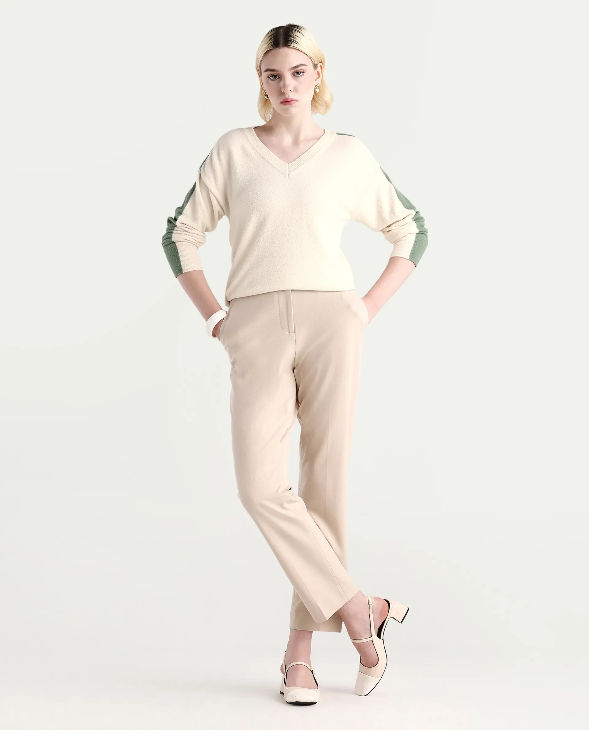 Rareism Women's Zander Off White Nylon V-Neck Relaxed Fit Plain Sweater - Image 2