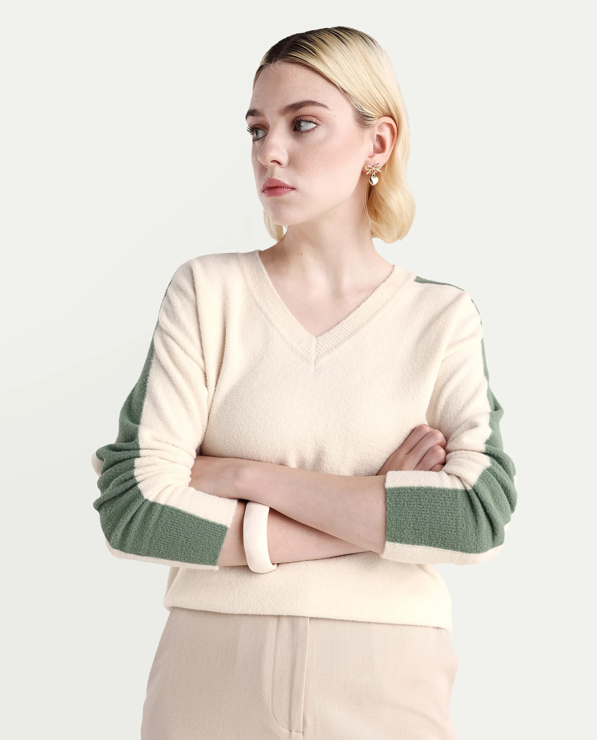 Rareism Women's Zander Off White Nylon V-Neck Relaxed Fit Plain Sweater - Image 3