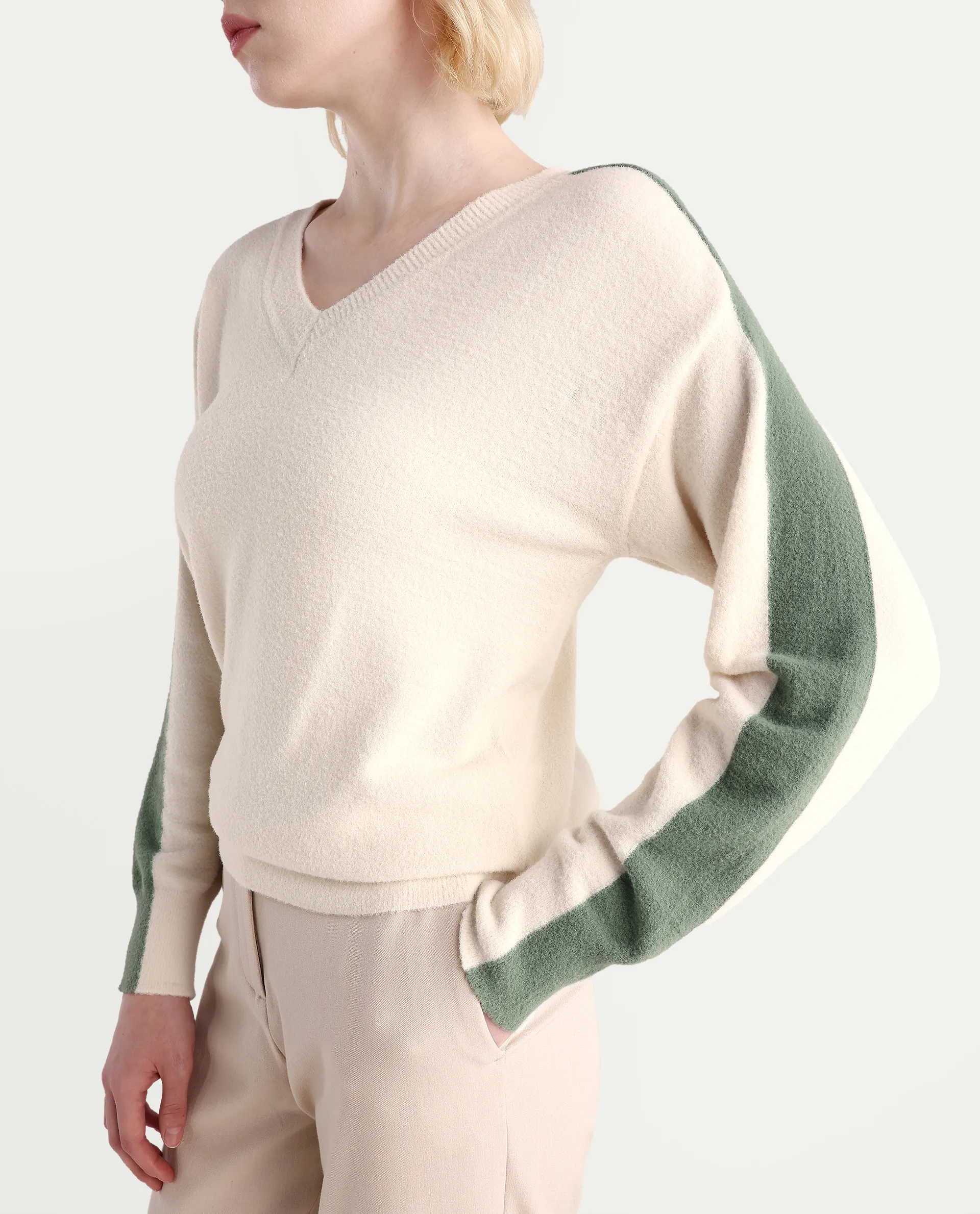 Rareism Women's Zander Off White Nylon V-Neck Relaxed Fit Plain Sweater - Image 4
