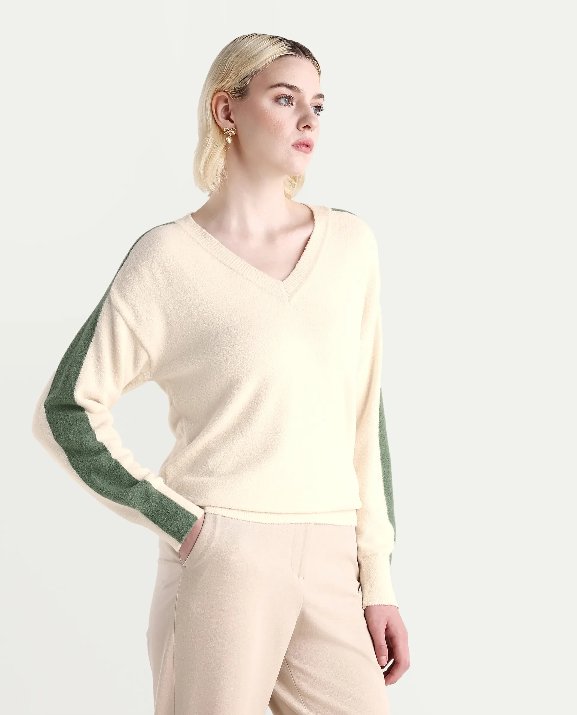 Rareism Women's Zander Off White Nylon V-Neck Relaxed Fit Plain Sweater - Image 5