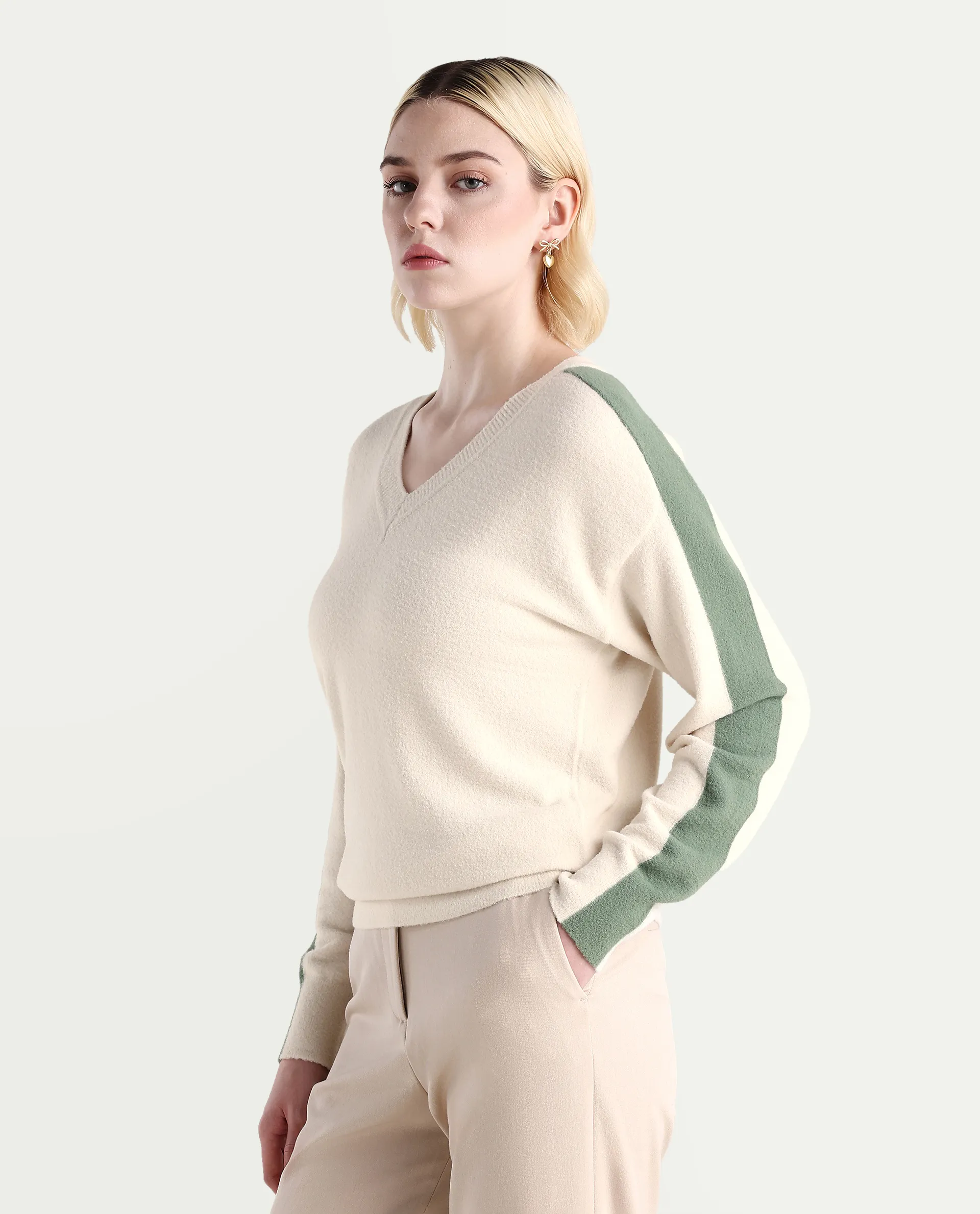 Rareism Women's Zander Off White Nylon V-Neck Relaxed Fit Plain Sweater - Image 6