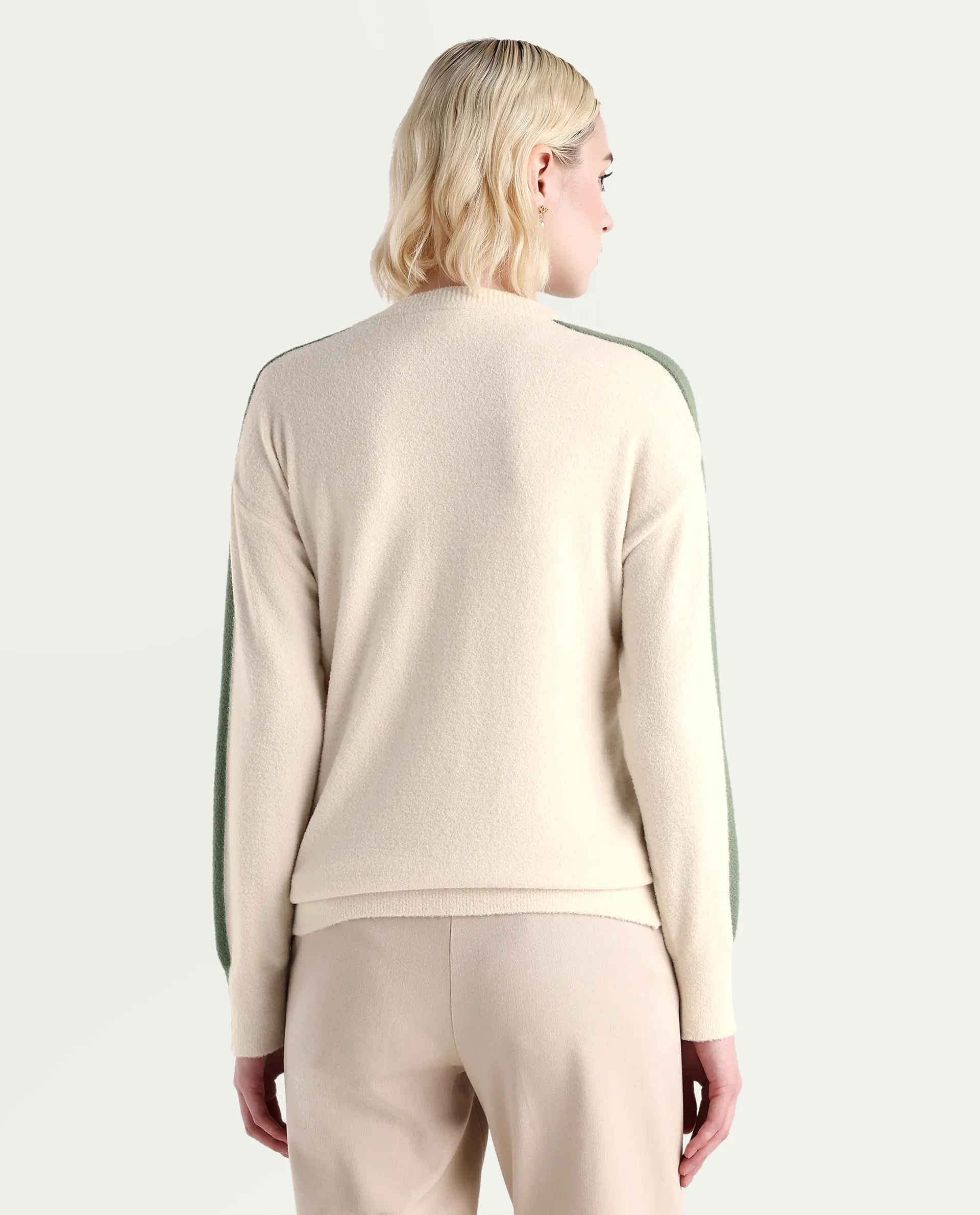 Rareism Women's Zander Off White Nylon V-Neck Relaxed Fit Plain Sweater - Image 7