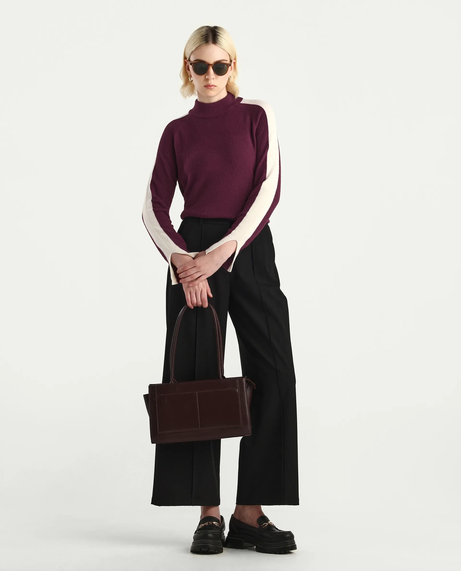 Rareism Women's Zanderyo Dark Maroon Nylon High Neck Relaxed Fit Sweater - Image 2