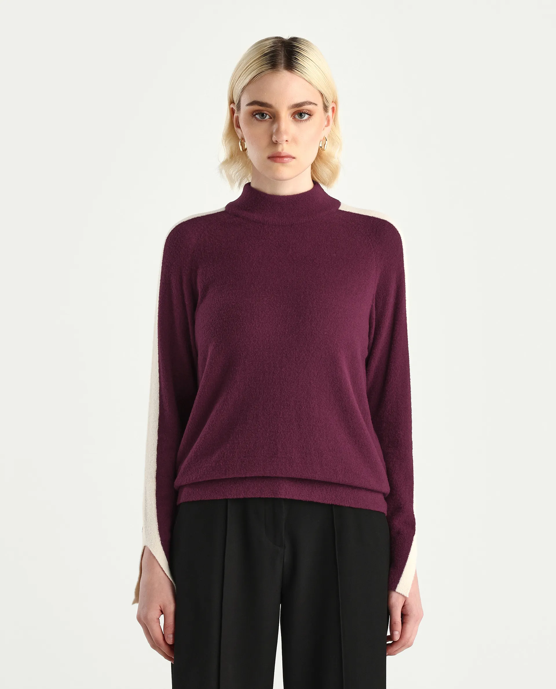 Rareism Women's Zanderyo Dark Maroon Nylon High Neck Relaxed Fit Sweater - Image 3