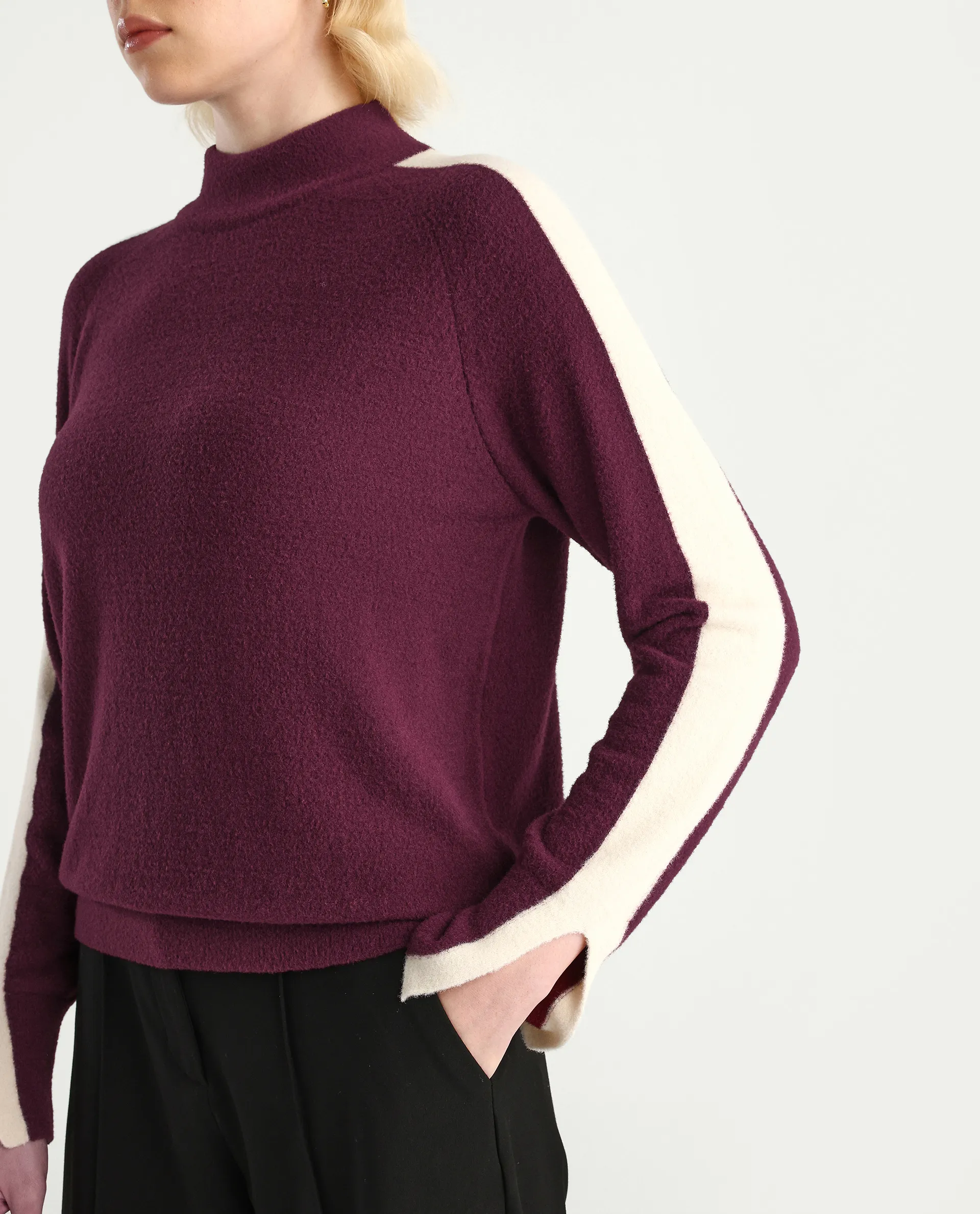 Rareism Women's Zanderyo Dark Maroon Nylon High Neck Relaxed Fit Sweater - Image 4