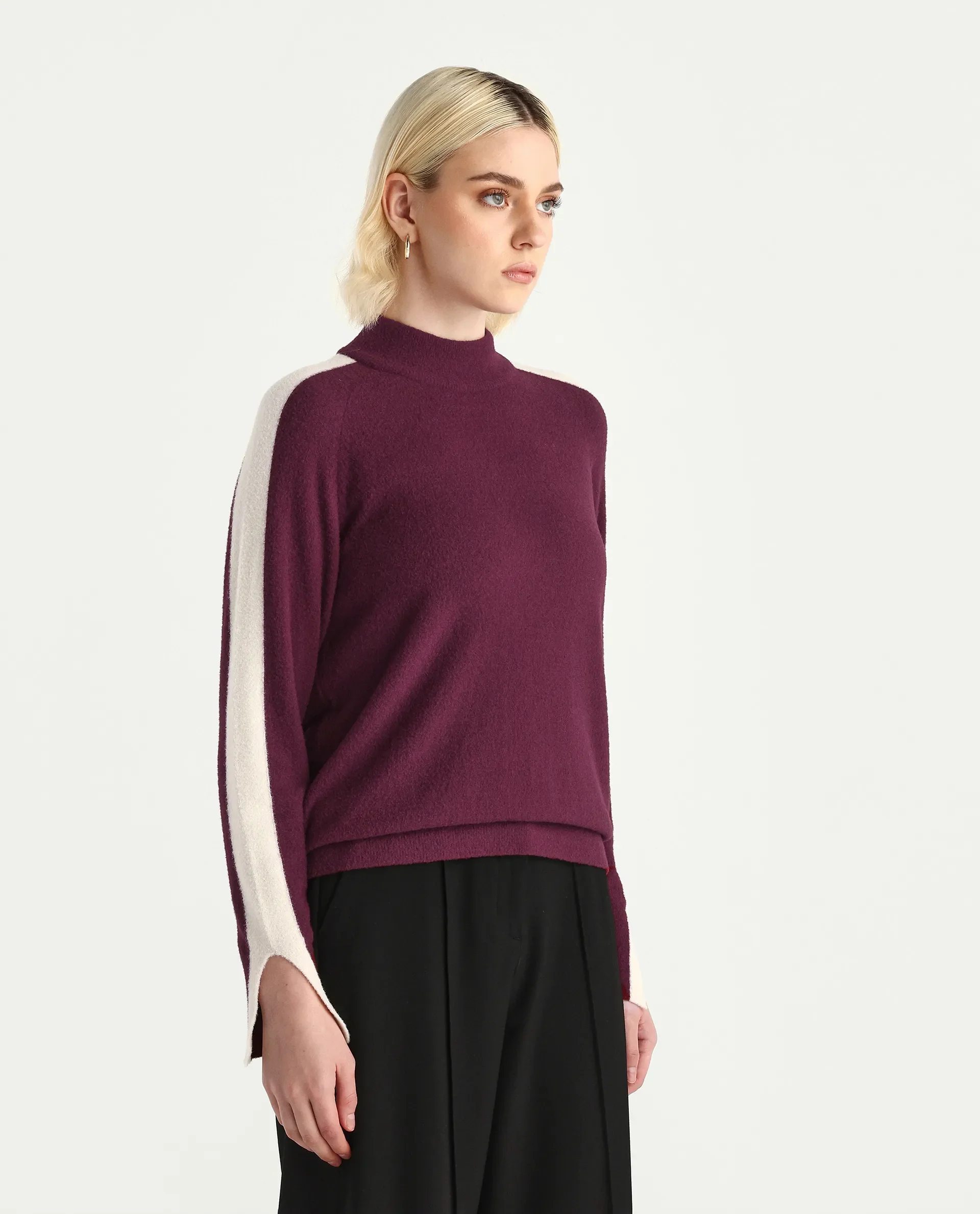 Rareism Women's Zanderyo Dark Maroon Nylon High Neck Relaxed Fit Sweater - Image 5