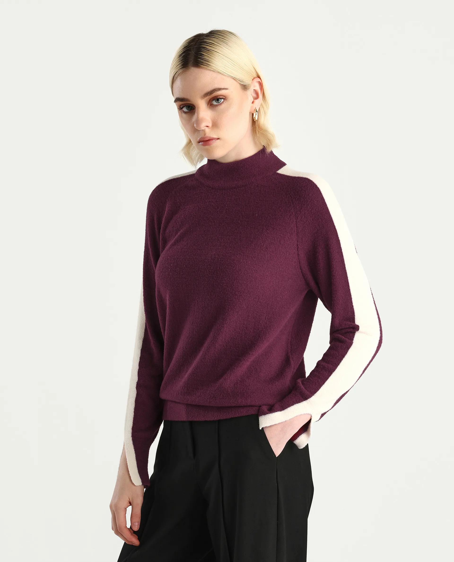 Rareism Women's Zanderyo Dark Maroon Nylon High Neck Relaxed Fit Sweater - Image 6