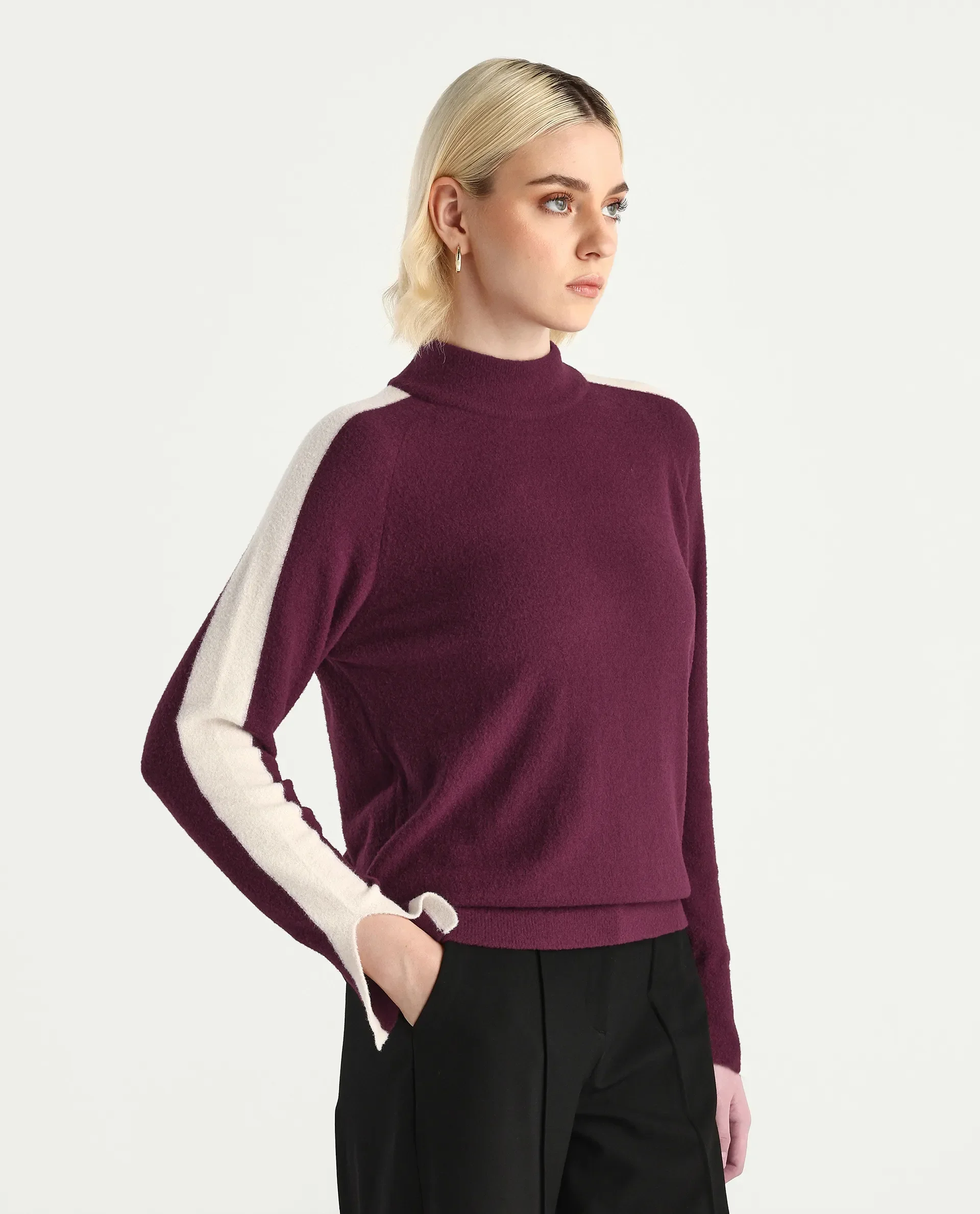 Rareism Women's Zanderyo Dark Maroon Nylon High Neck Relaxed Fit Sweater - Image 7