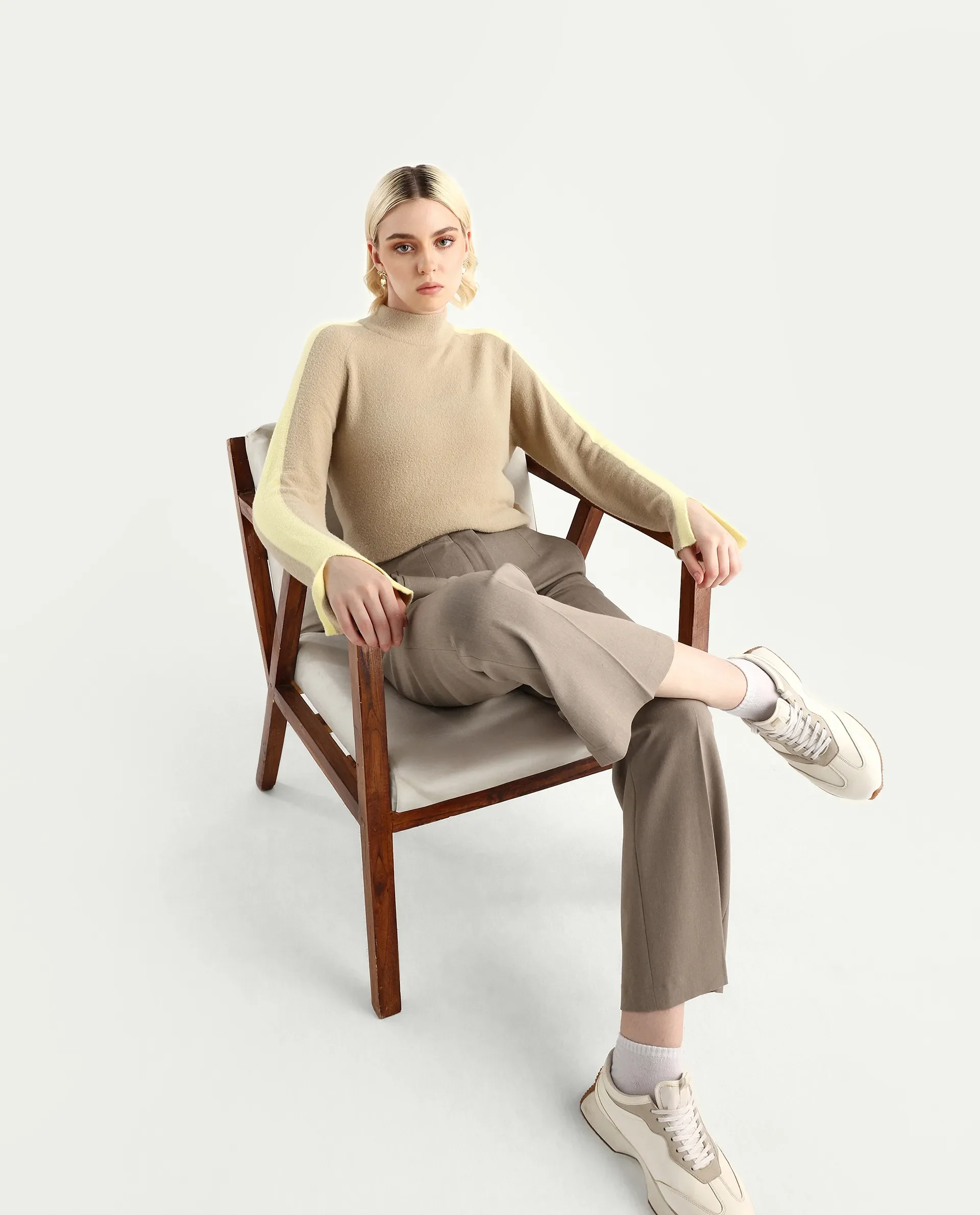 Rareism Women's Zanderyo Light Beige Nylon High Neck Relaxed Fit Sweater - Image 2