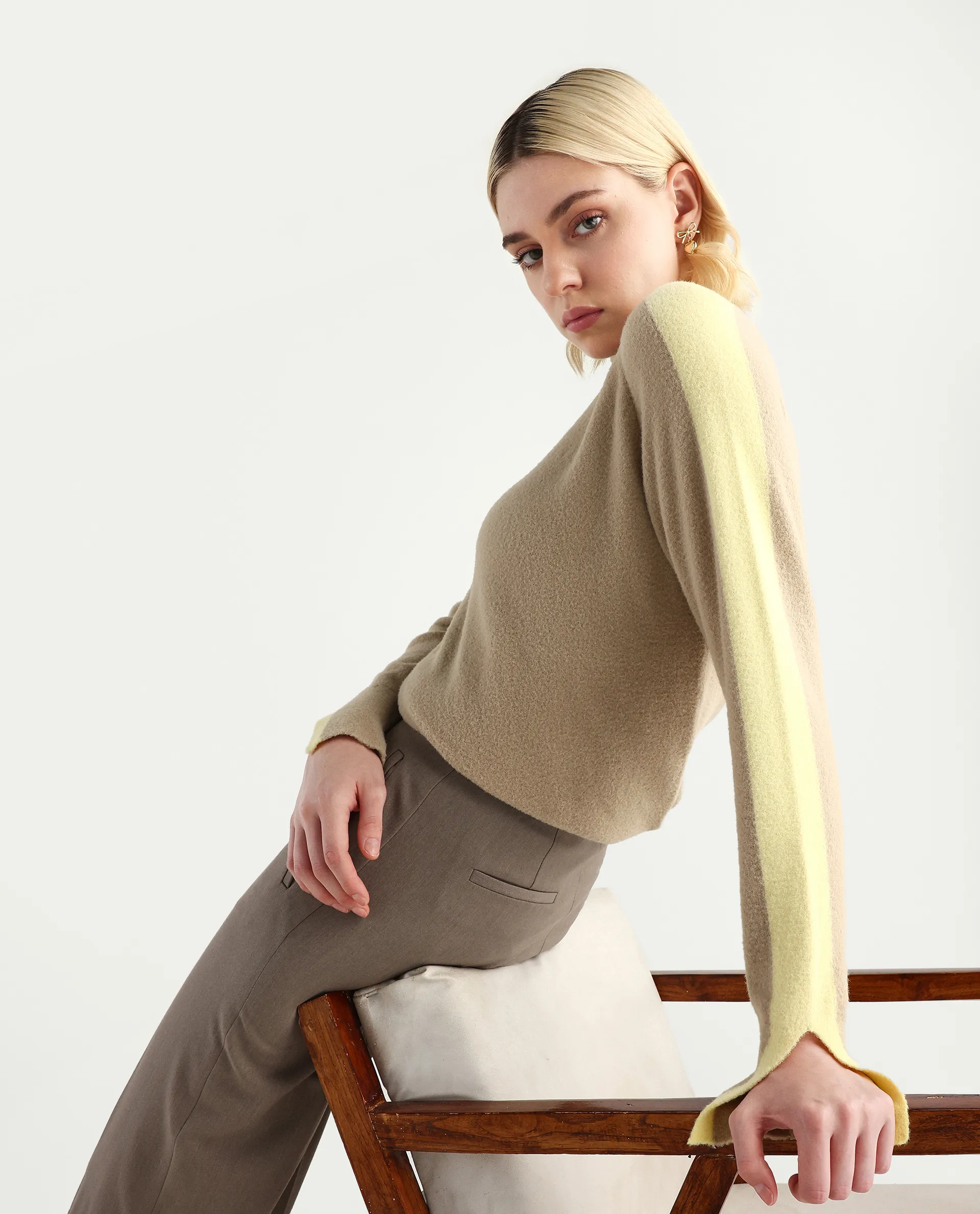 Rareism Women's Zanderyo Light Beige Nylon High Neck Relaxed Fit Sweater - Image 3