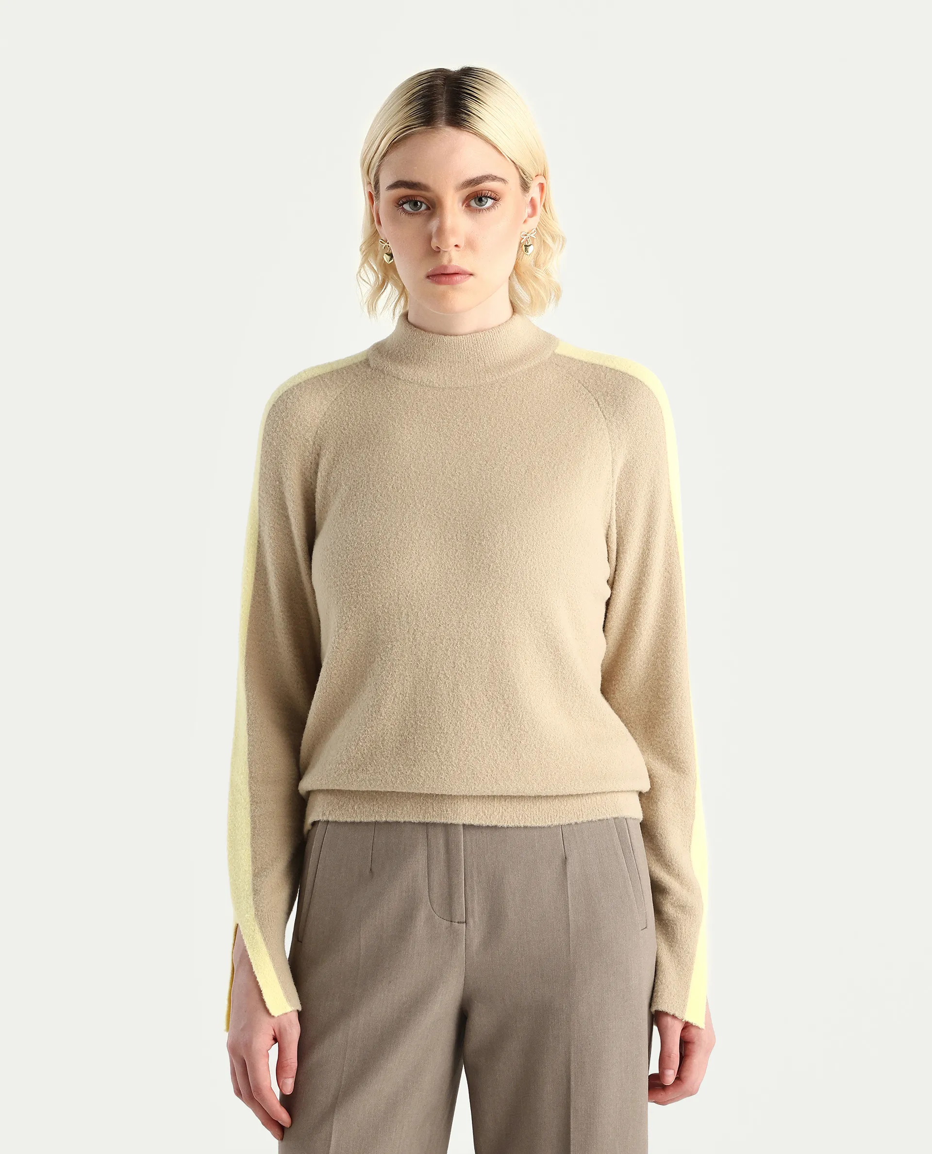 Rareism Women's Zanderyo Light Beige Nylon High Neck Relaxed Fit Sweater - Image 4