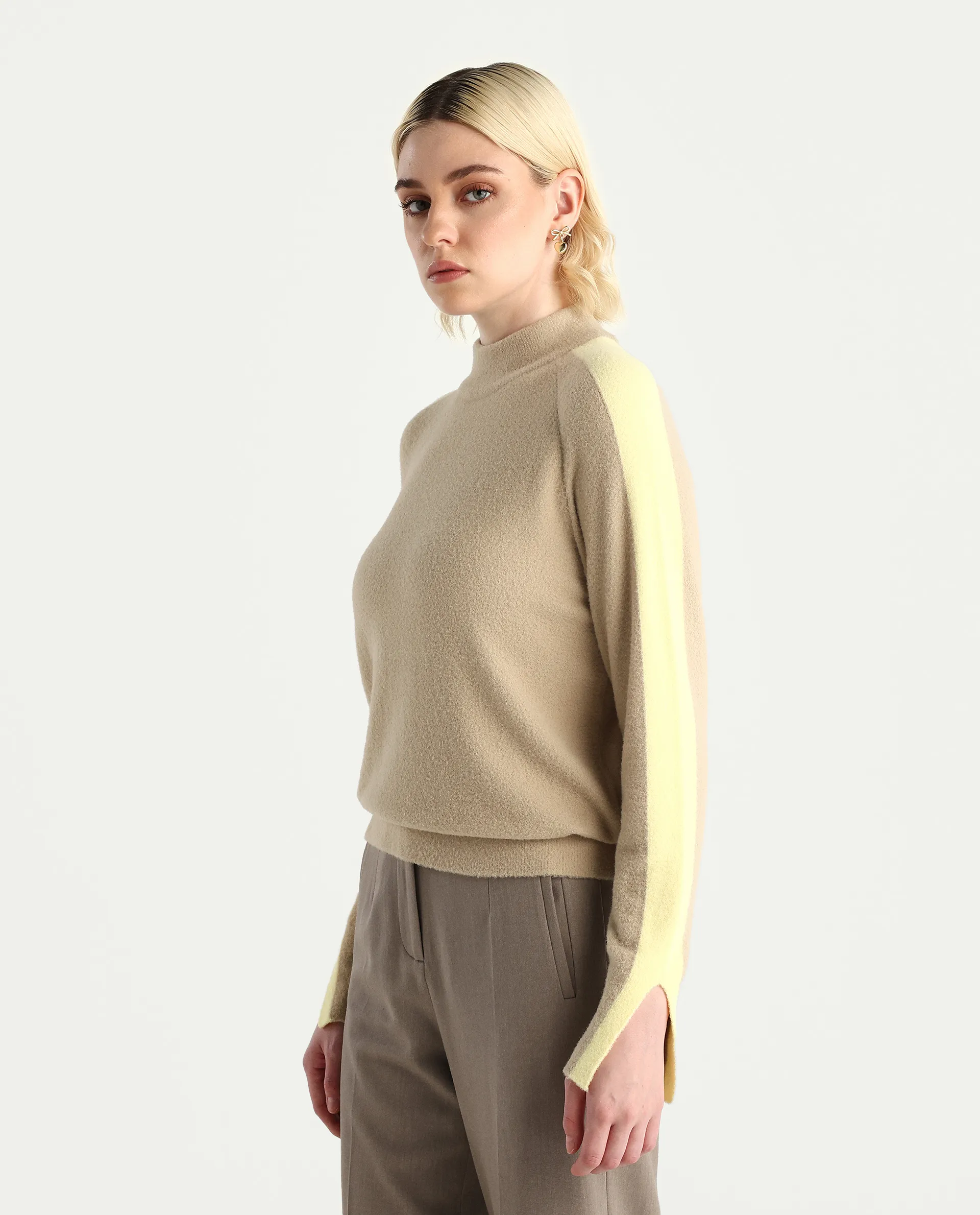 Rareism Women's Zanderyo Light Beige Nylon High Neck Relaxed Fit Sweater - Image 5