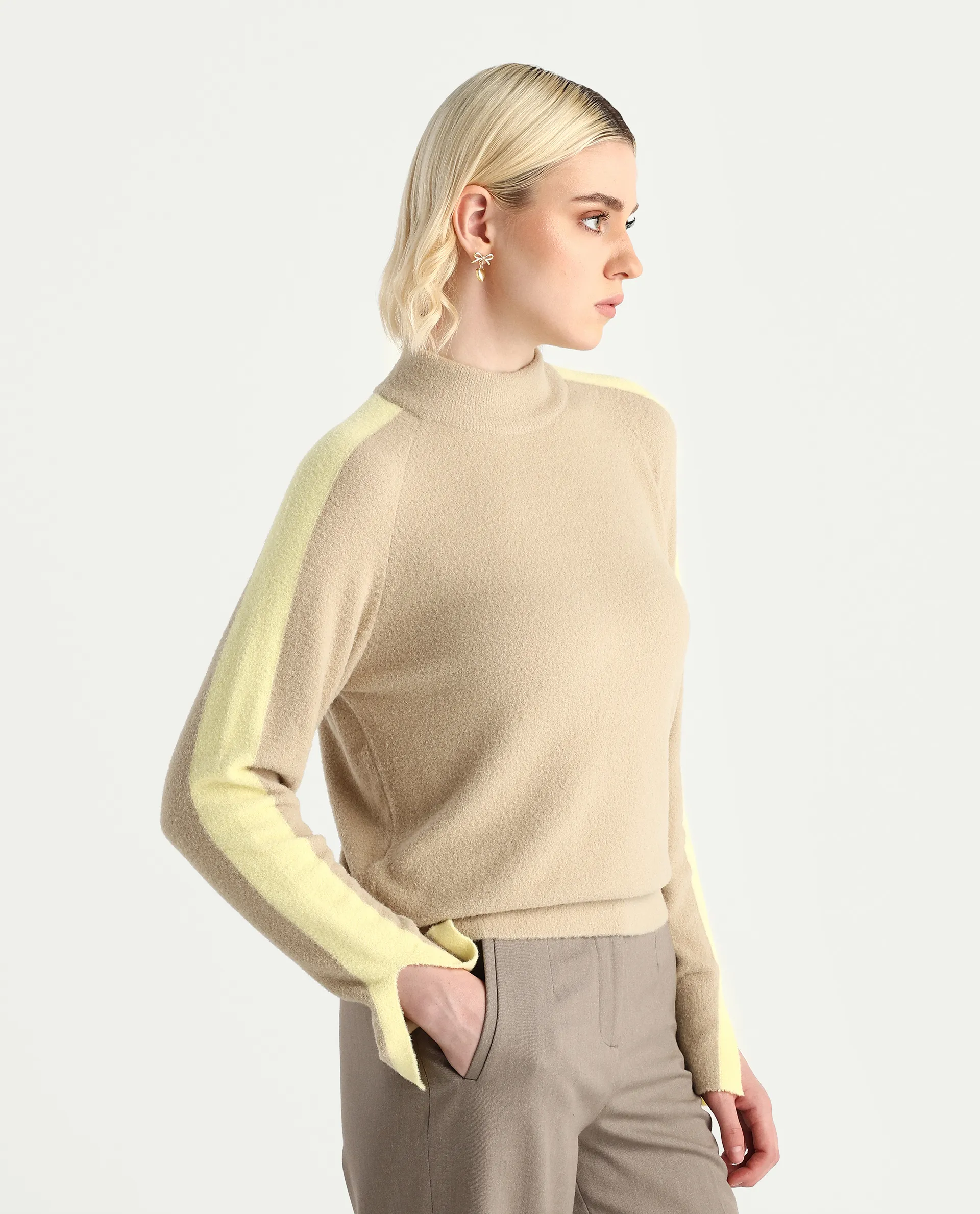 Rareism Women's Zanderyo Light Beige Nylon High Neck Relaxed Fit Sweater - Image 6