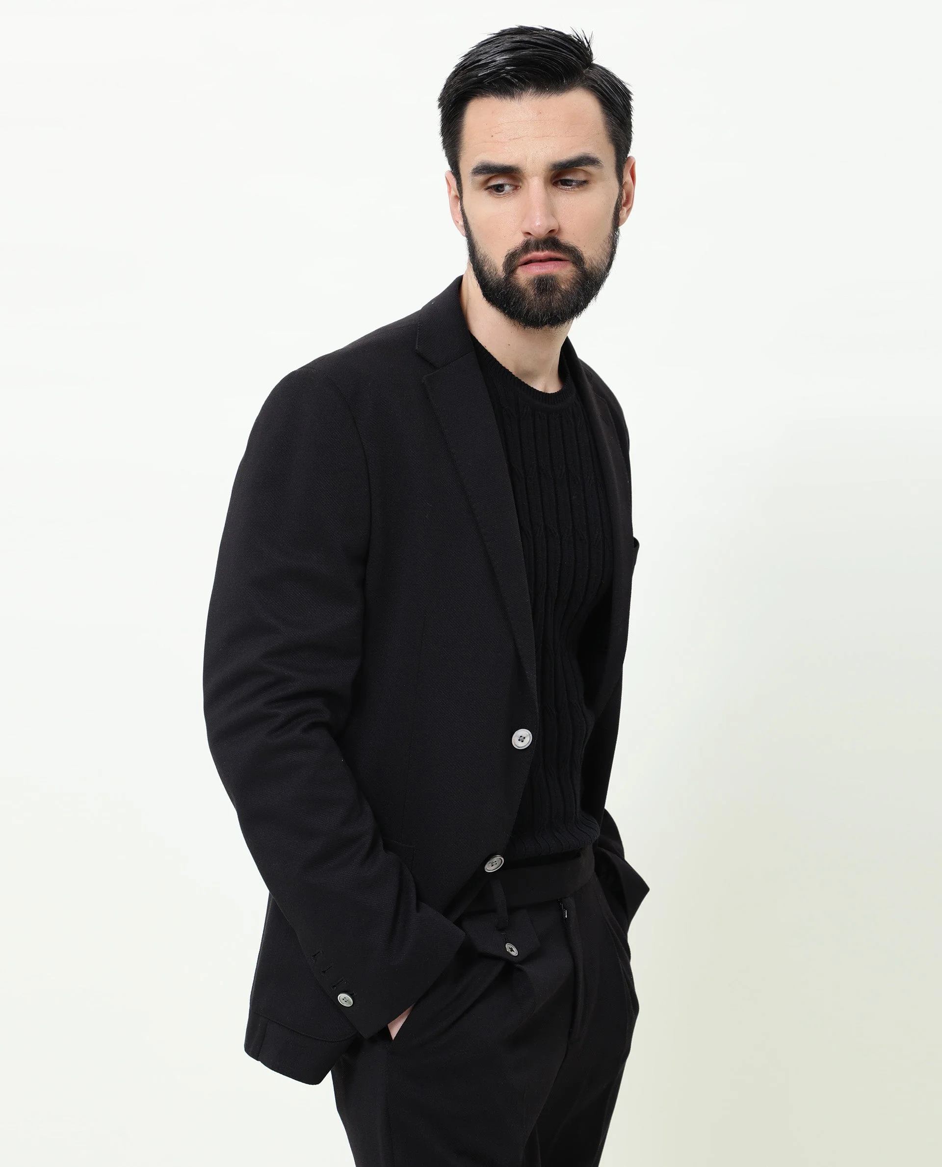 Rare Rabbit Men's Zandro Black Polyester Plain Tailored Fit Full Sleeve Lapel Neck Suits - Image 3