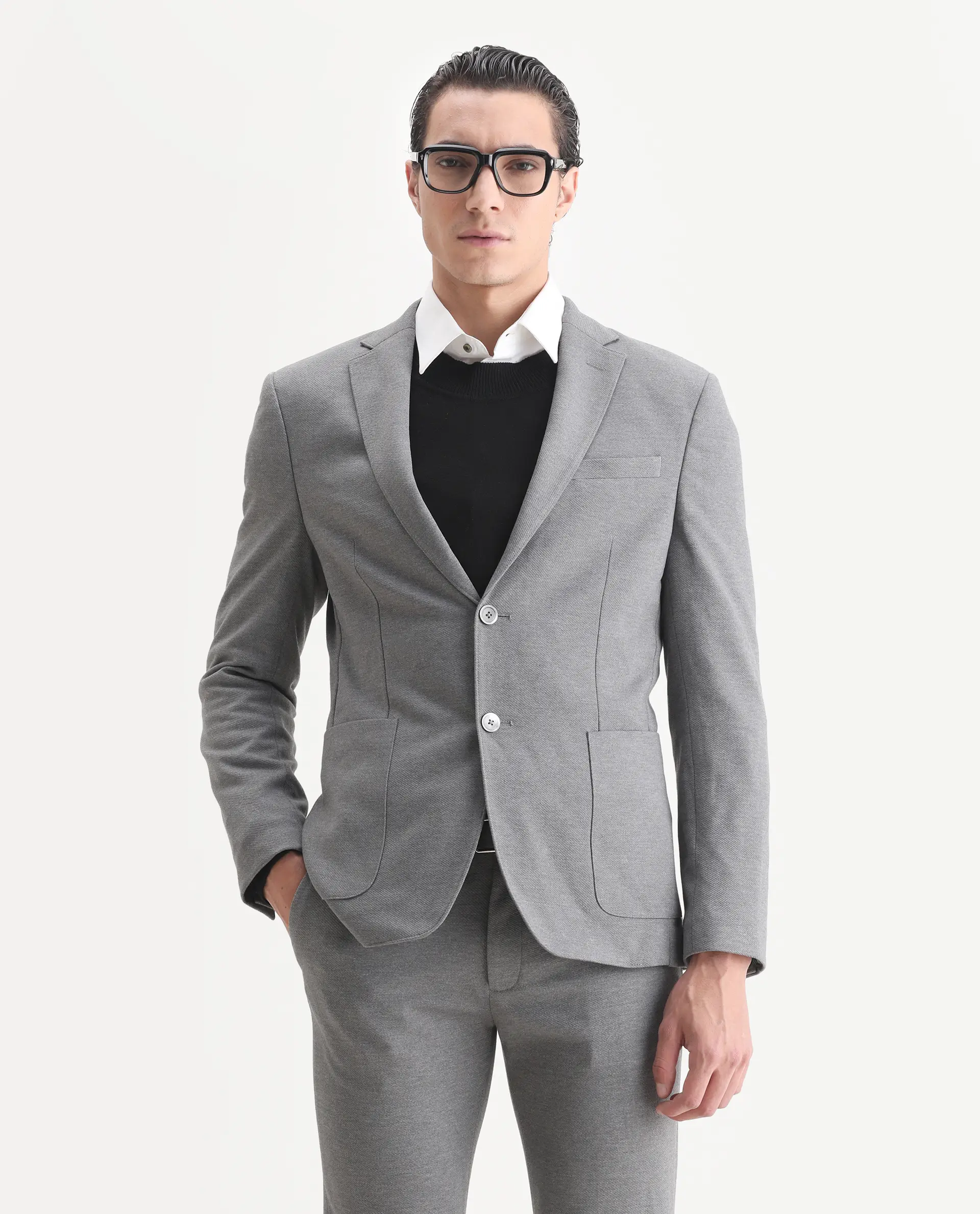 Rare Rabbit Men's Zandro Grey Polyester Plain Tailored Fit Full Sleeve Lapel Neck Suits - Image 2