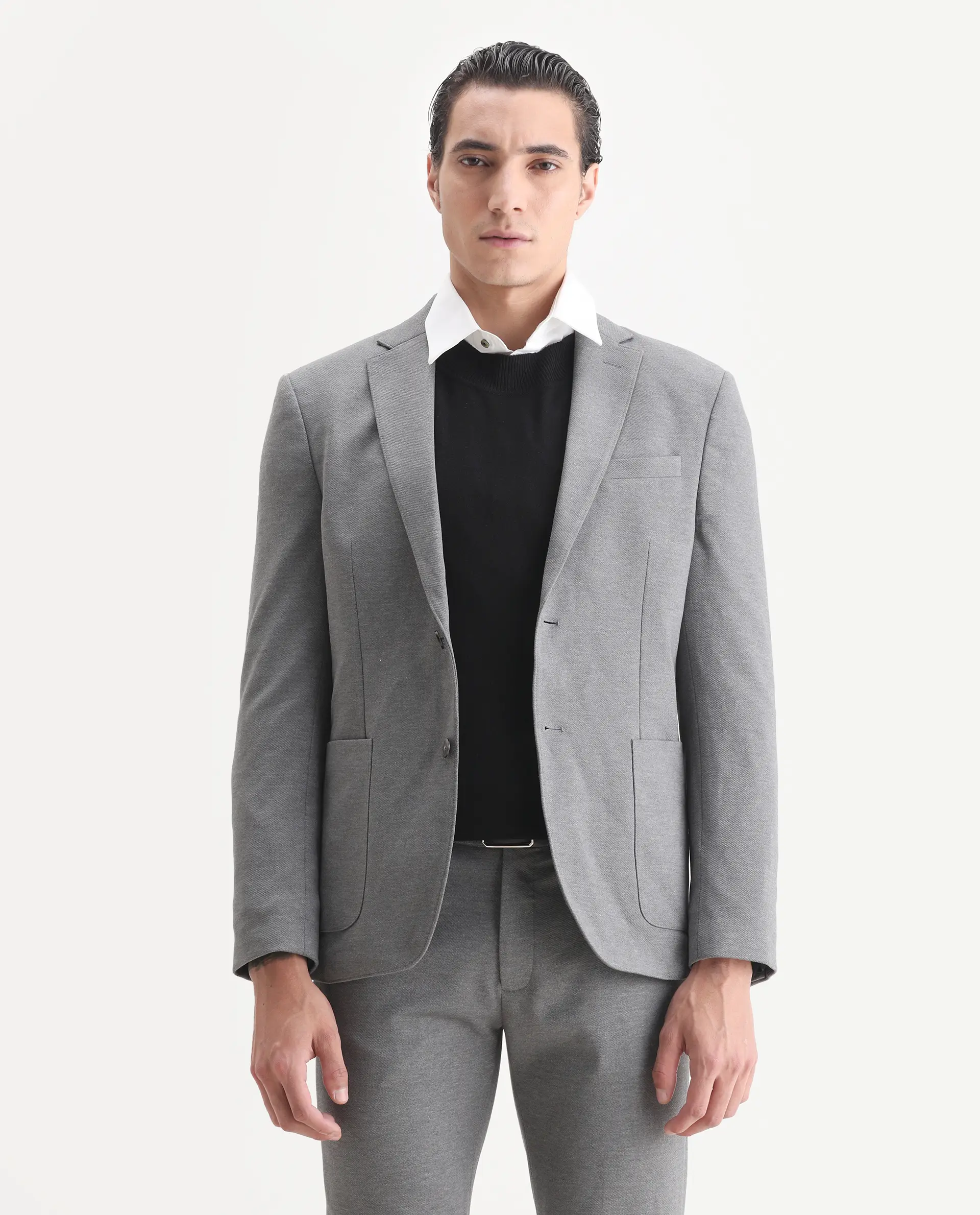 Rare Rabbit Men's Zandro Grey Polyester Plain Tailored Fit Full Sleeve Lapel Neck Suits - Image 5