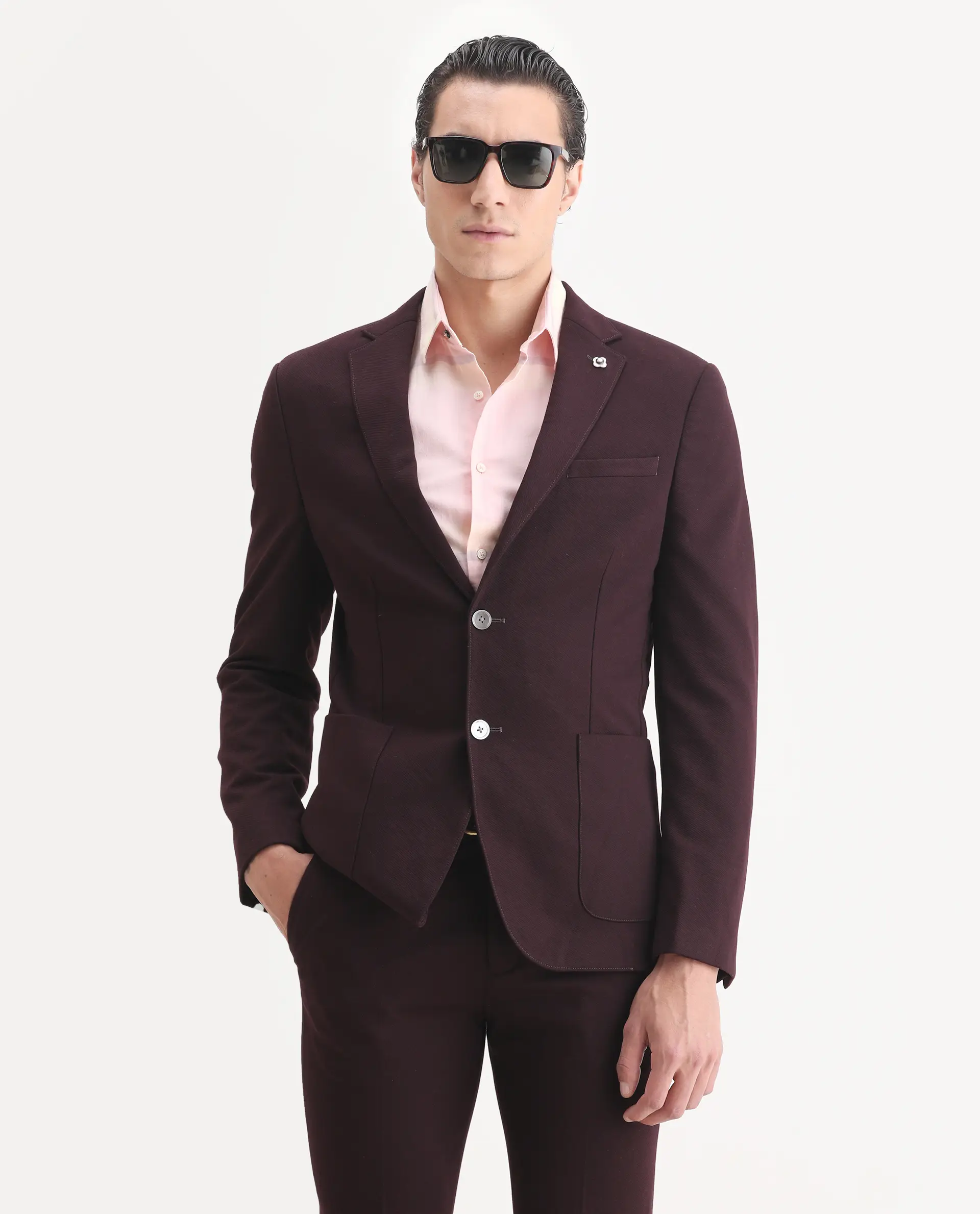 Rare Rabbit Men's Zandro Maroon Rayon Plain Tailored Fit Full Sleeve Lapel Neck Suits - Image 2
