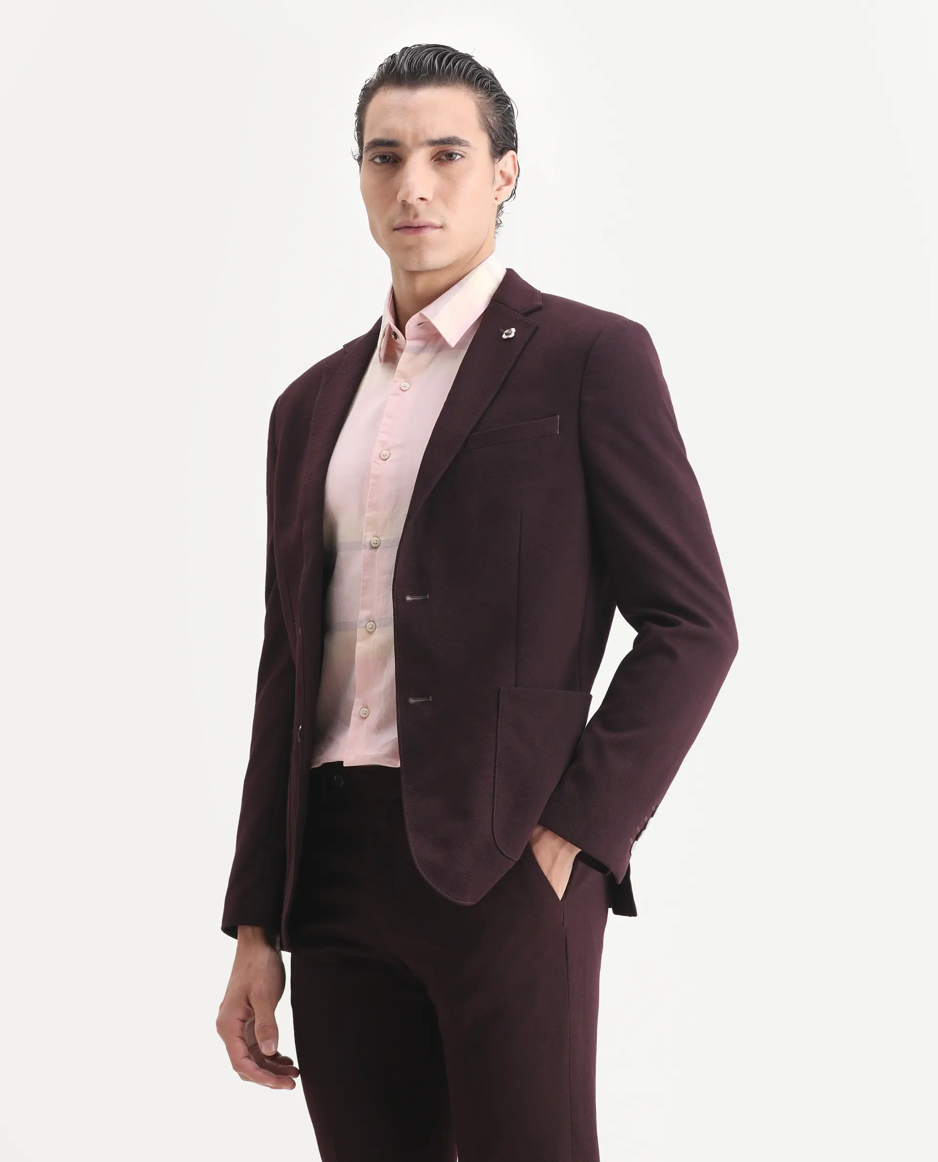 Rare Rabbit Men's Zandro Maroon Rayon Plain Tailored Fit Full Sleeve Lapel Neck Suits - Image 6