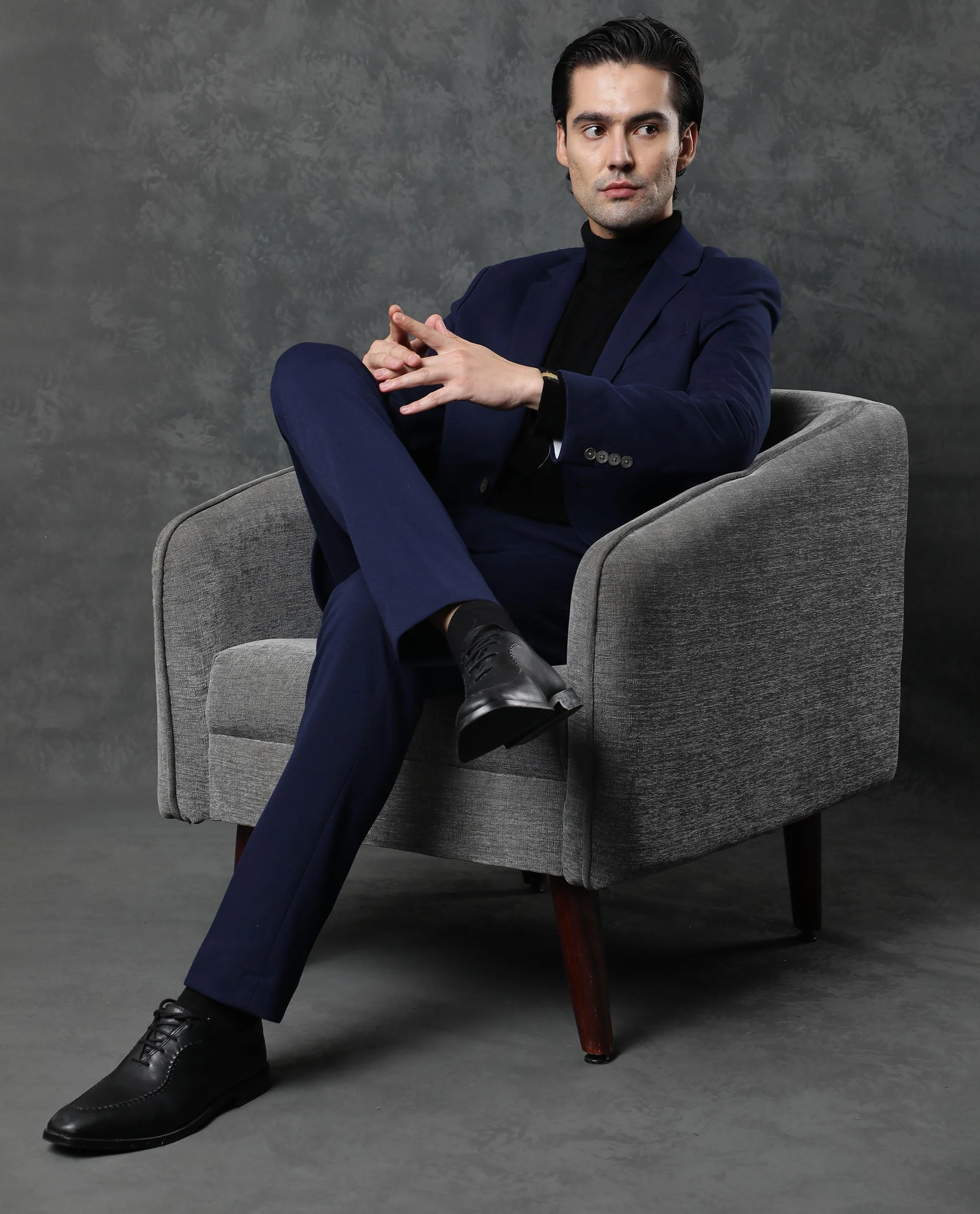 Rare Rabbit Men's Zandro Navy Plain Tailored Fit Full Sleeve Suits - Image 3