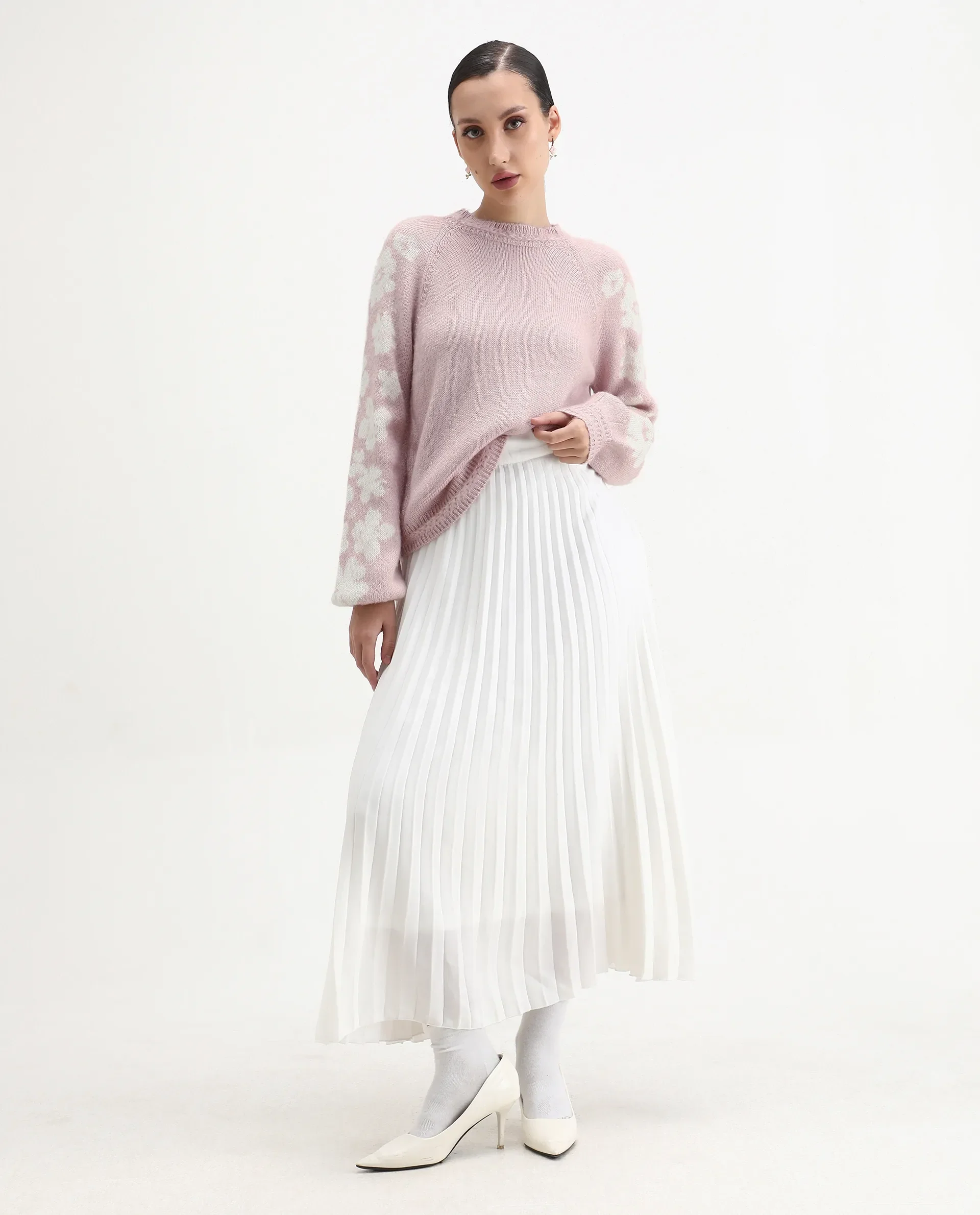 Rareism Women's Zane Light Pink Acrylic Blend Crew Neck Regular Fit Sweater - Image 2